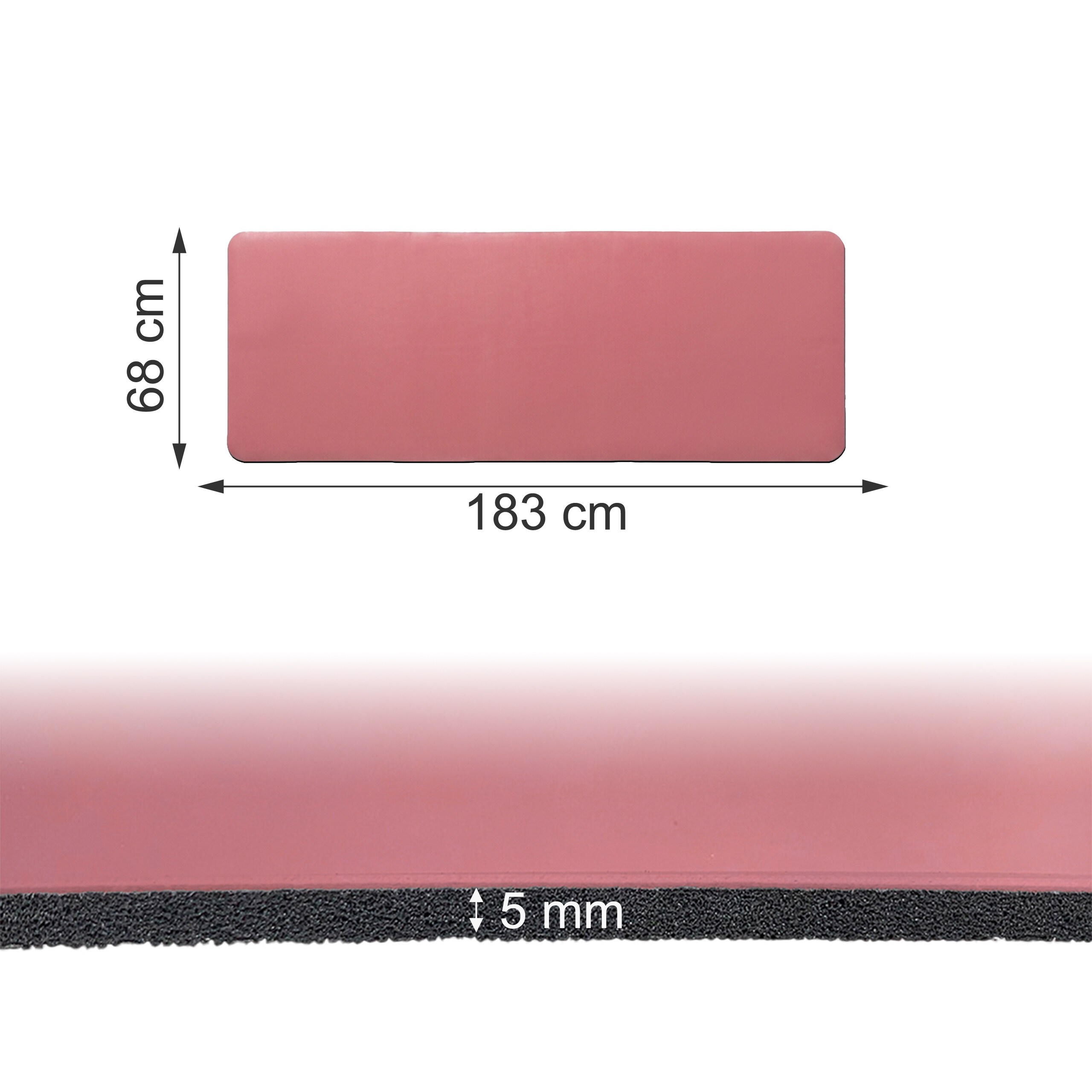 Rosa Yogamatte mit Maßen: 183 cm lang, 68 cm breit und 5 mm dick.