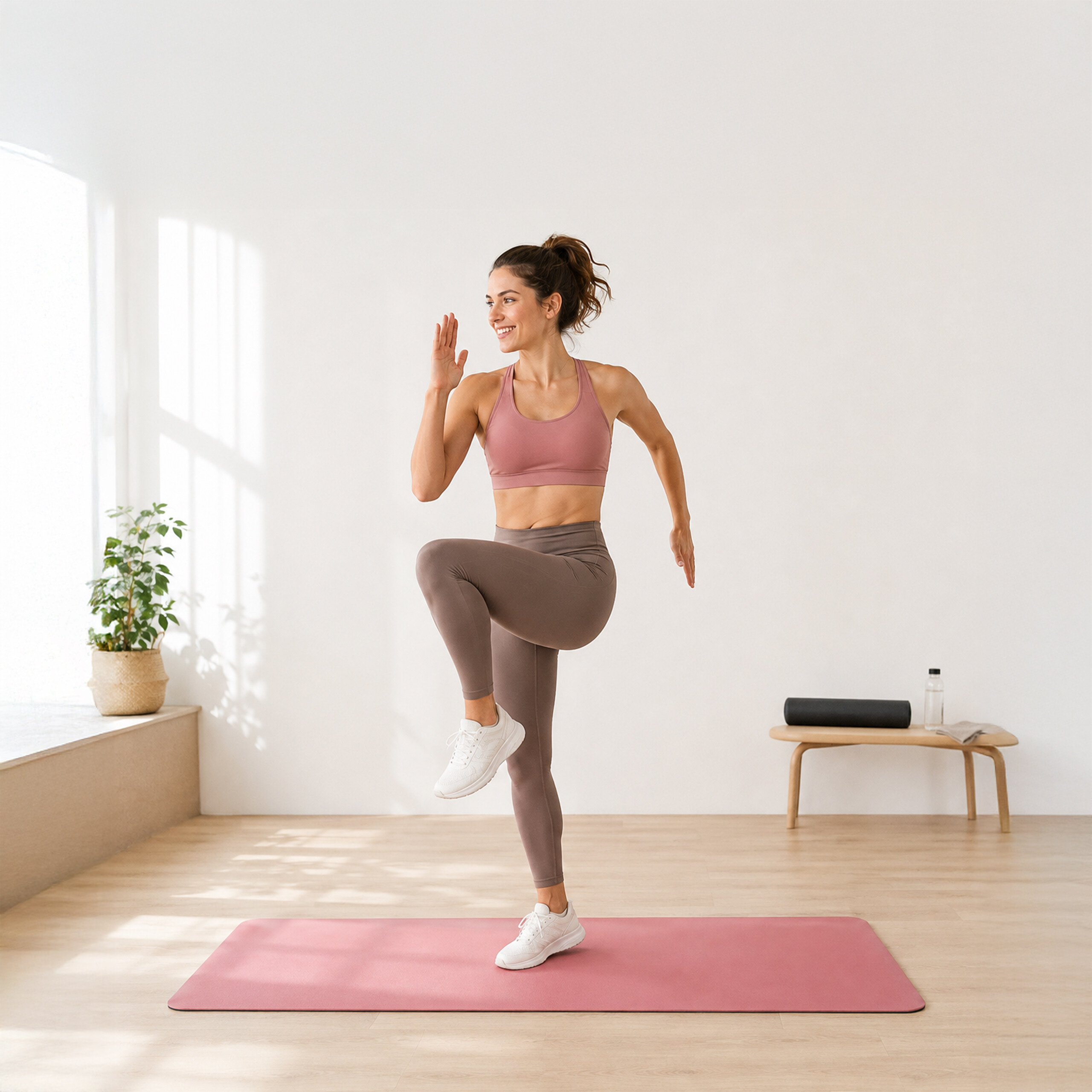 Eine Frau im pinken Sport-BH und grauen Leggings macht Sport auf einer pinken Yogamatte.