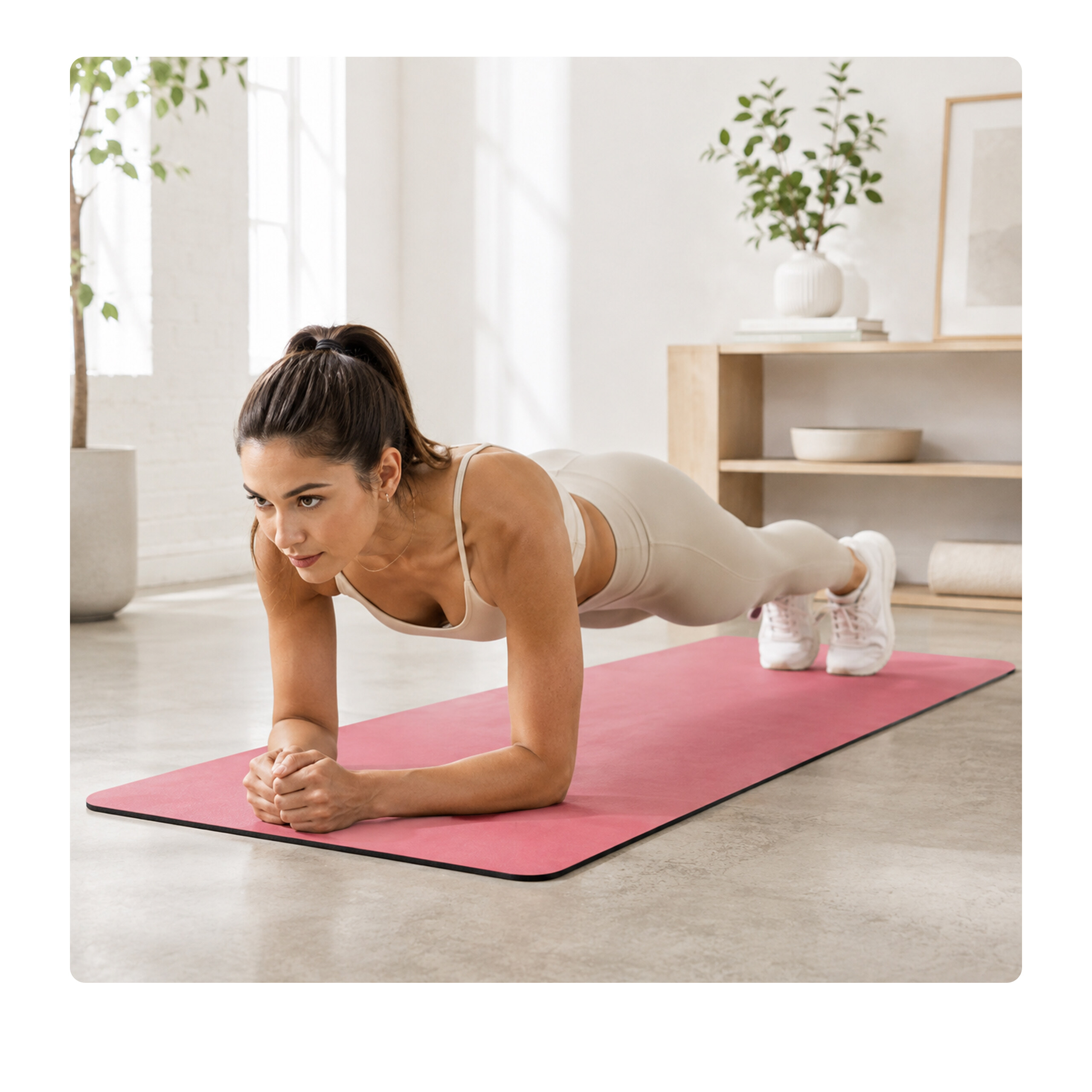 Eine Frau in Sportkleidung macht auf einer pinken Yoga-Matte in einem hellen Raum eine Unterarmstütze.