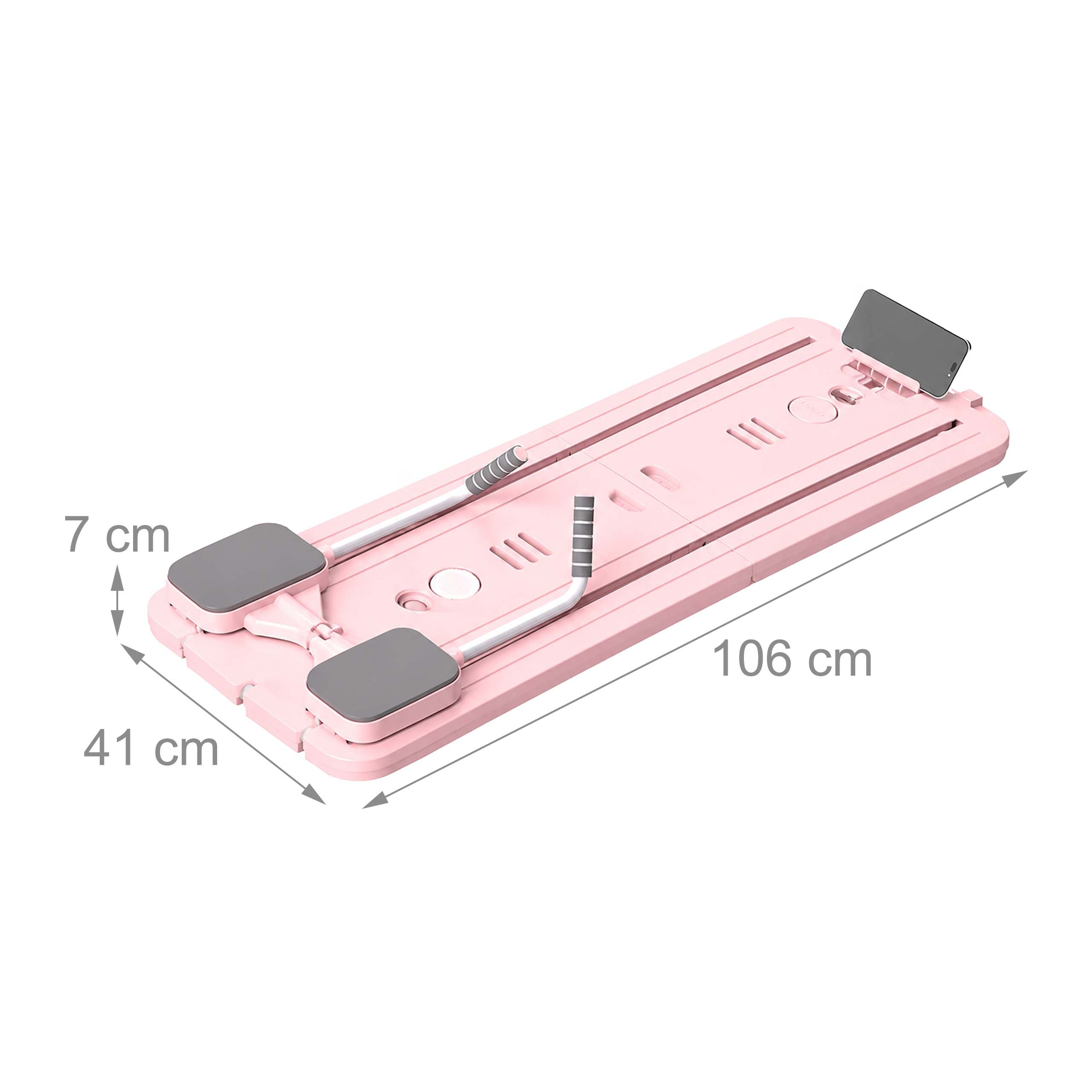 Rosa Push-up-Board mit Griffen und Smartphone-Halterung, Maße 106x41x7 cm.