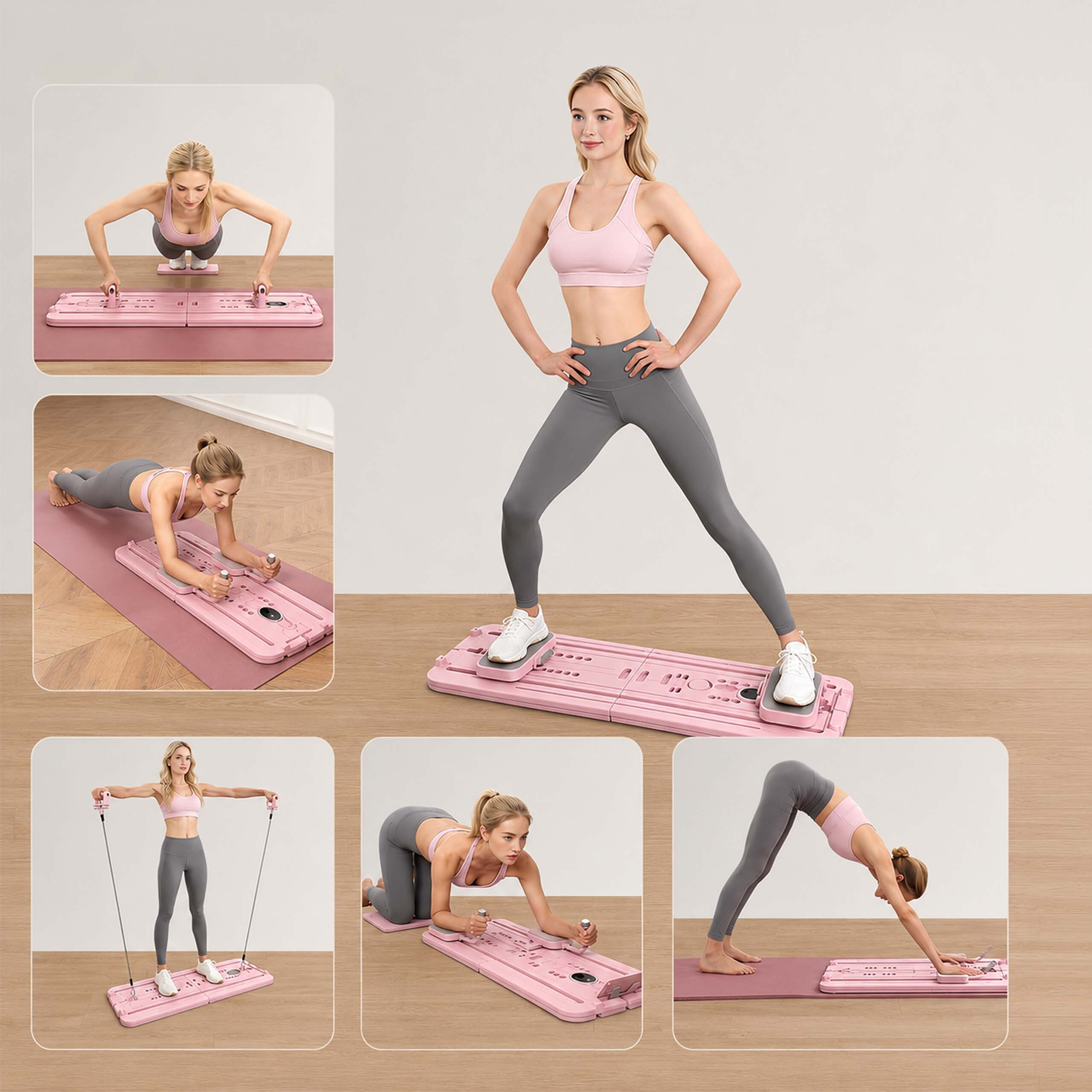 Eine blonde Frau zeigt verschiedene Fitnessübungen auf einem pinken Trainingsboard.