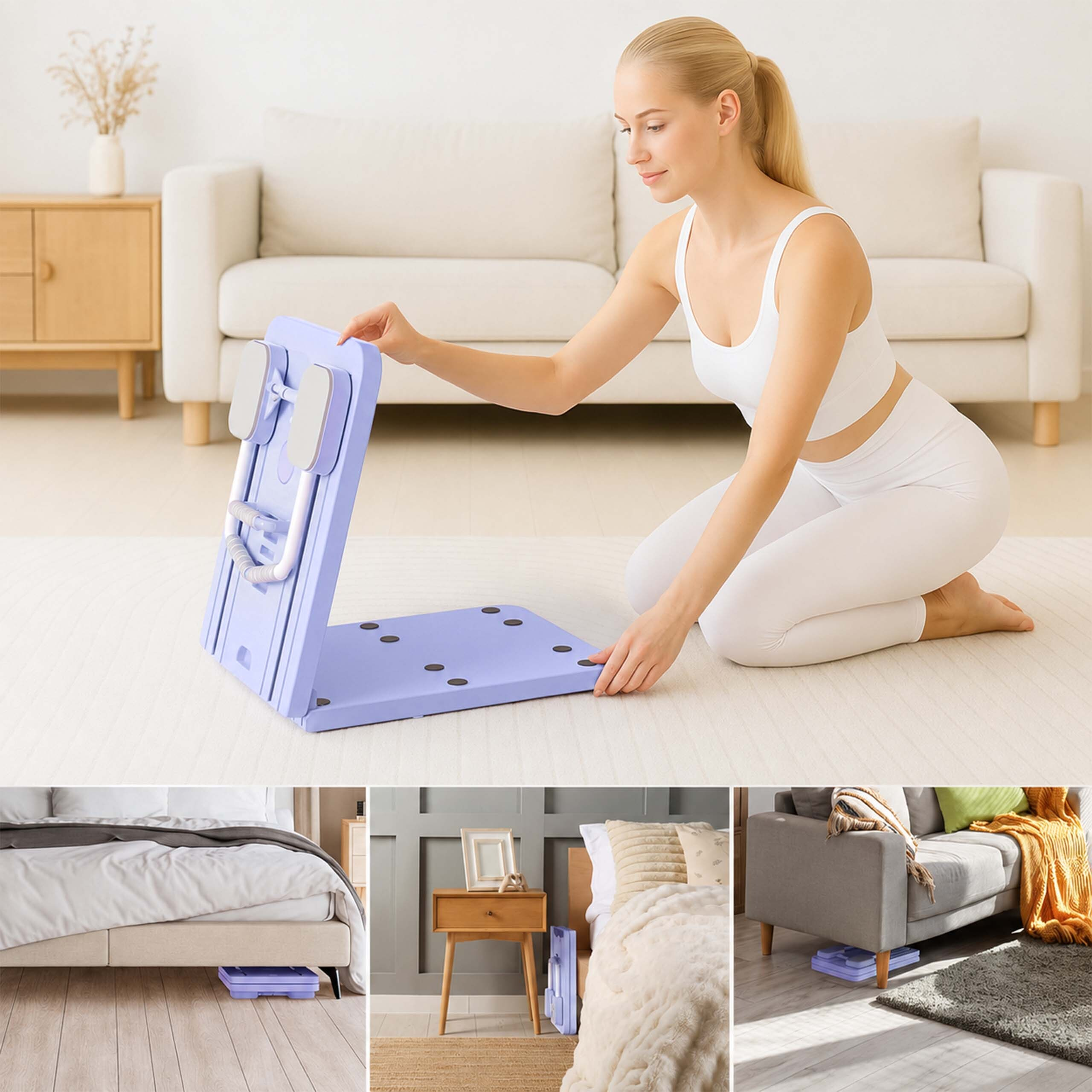 Eine Frau in weißer Sportkleidung faltet ein lila Fitnessgerät im Wohnzimmer, mit drei kleineren Bildern unten.