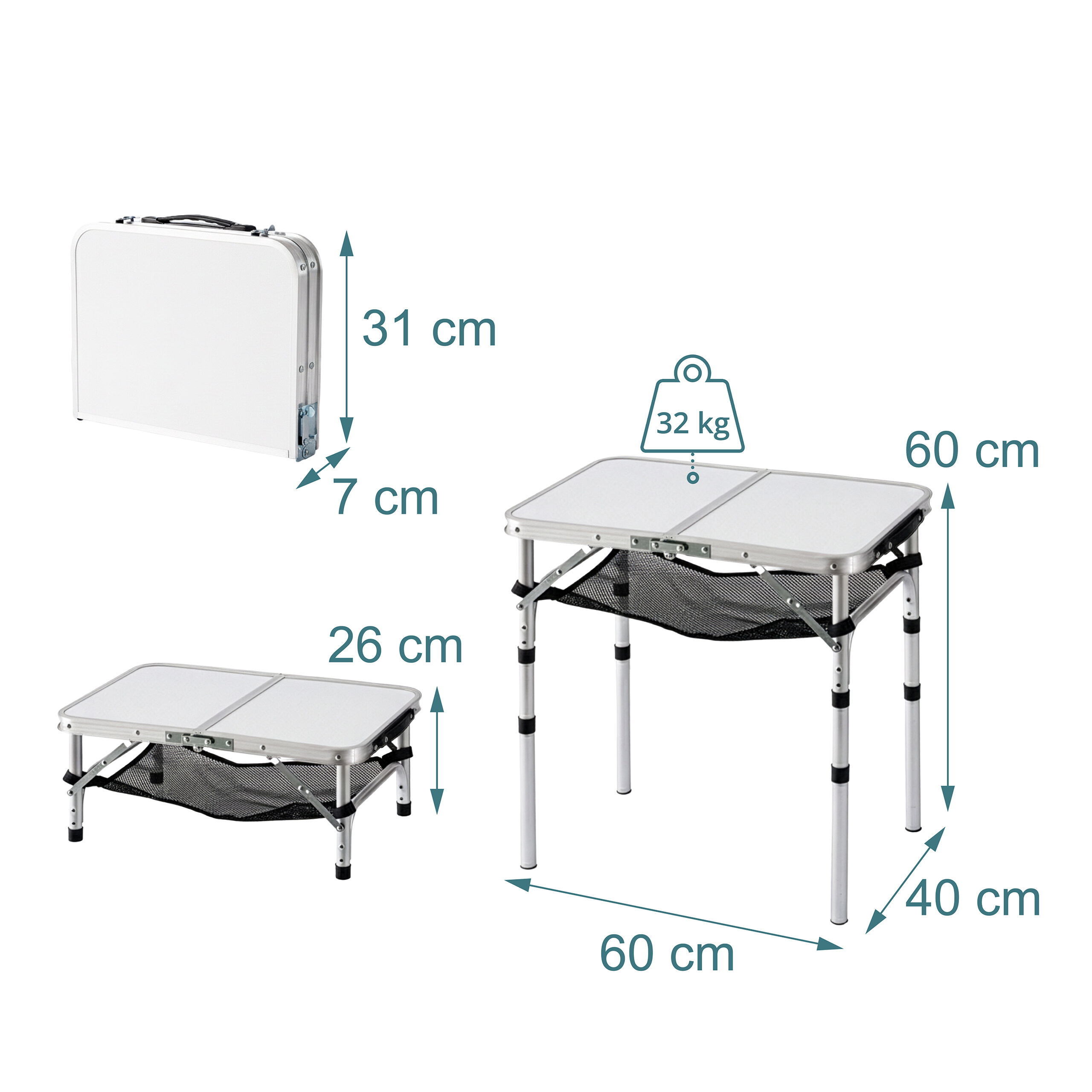 Klappbarer Campingtisch mit Maßen und Gewicht in cm und kg.