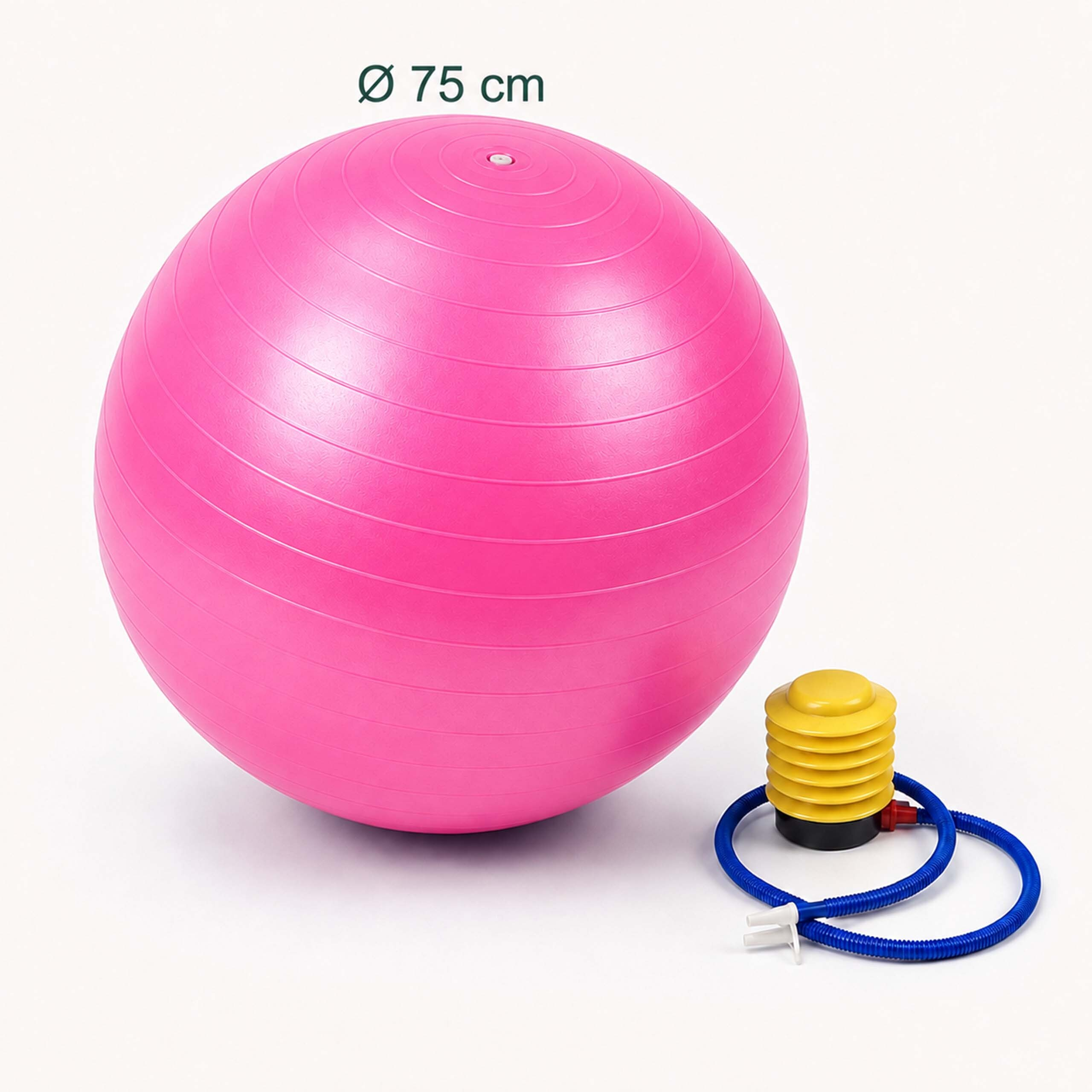 Ein großer pinker Gymnastikball mit 75 cm Durchmesser und eine gelb-schwarze Handpumpe mit blauem Schlauch.