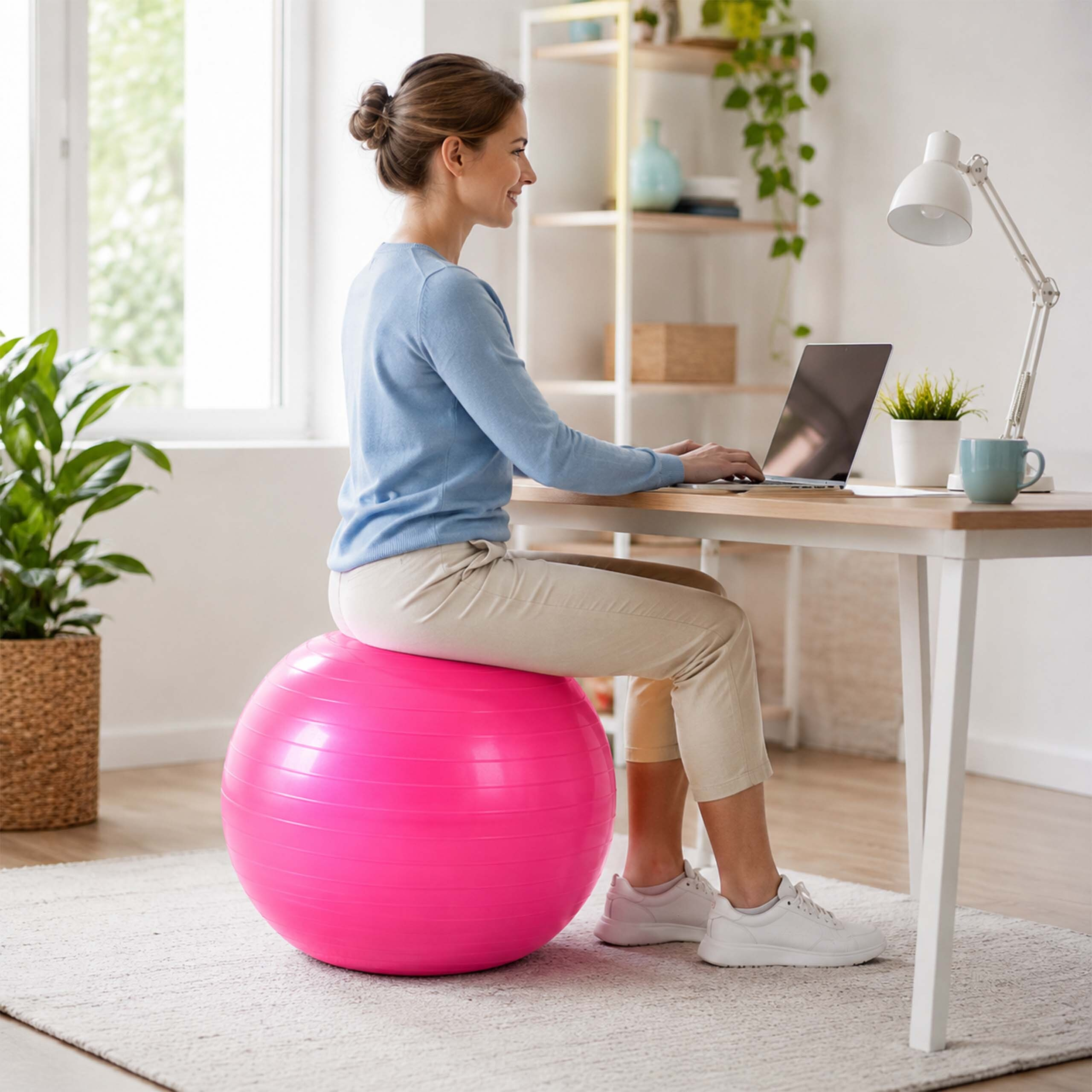 Eine Frau sitzt auf einem pinken Gymnastikball und tippt auf einem Laptop an einem Holztisch.