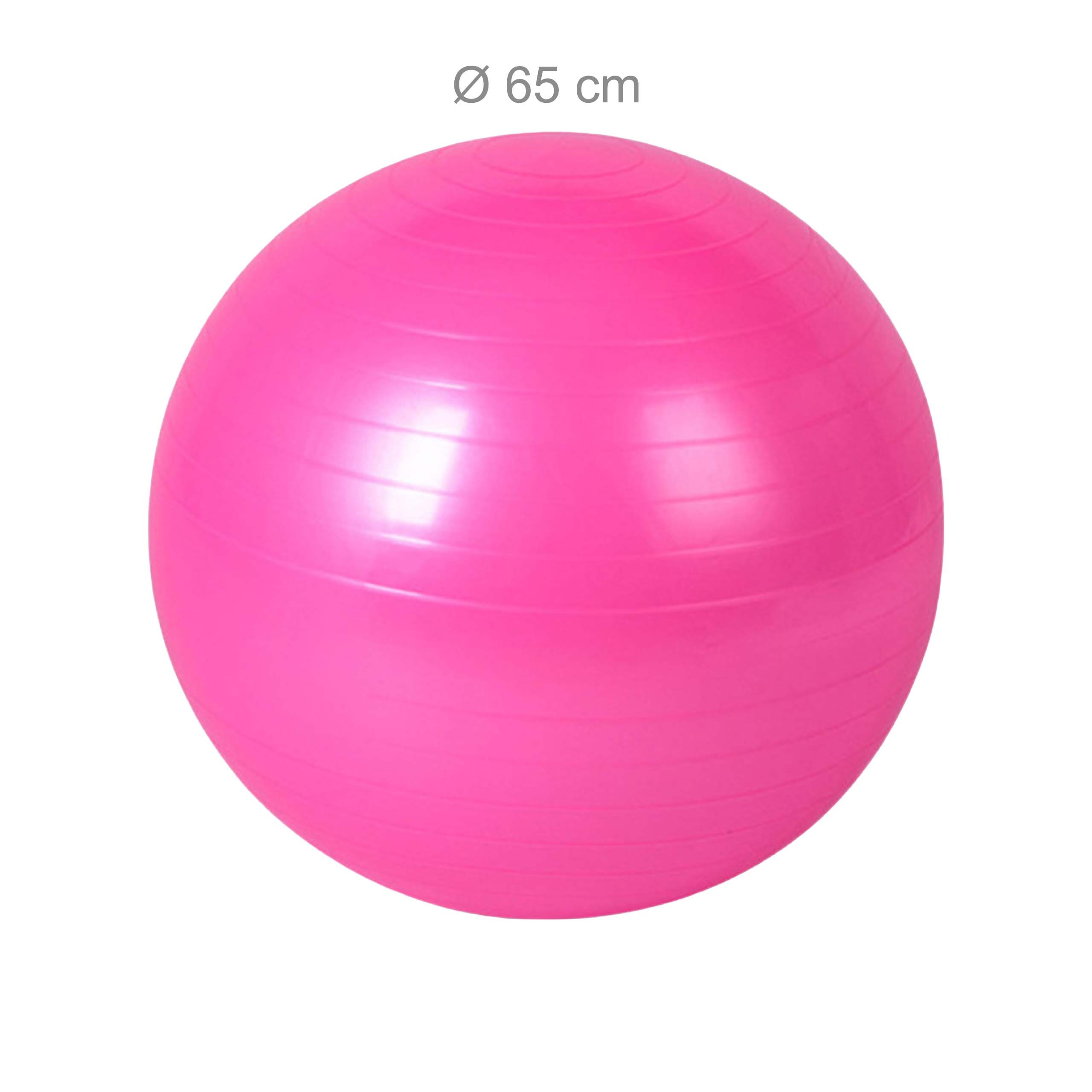 Ein leuchtend pinker Gymnastikball mit horizontalen Rillen und dem Text 65 cm.