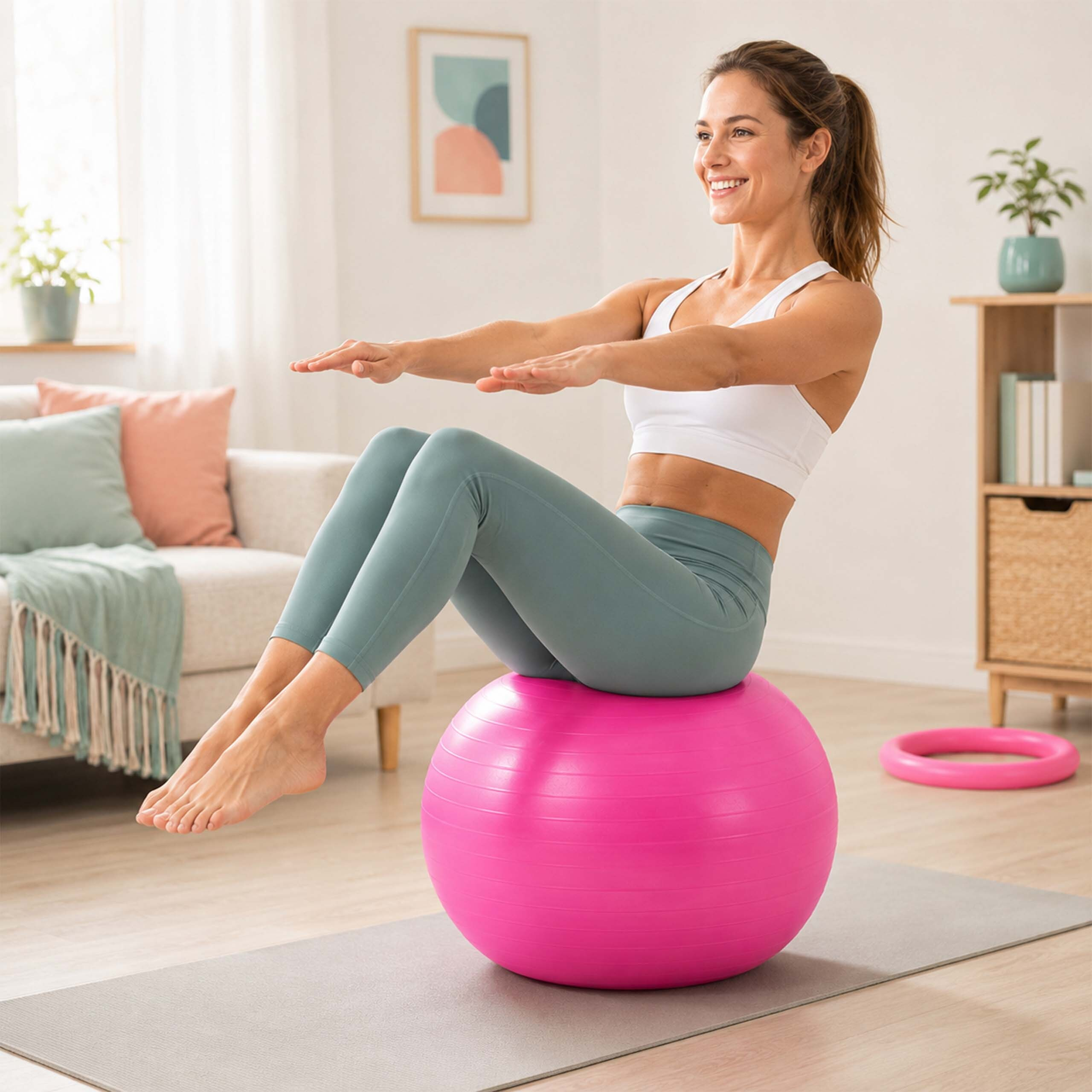 Eine lächelnde Frau in Sportkleidung balanciert auf einem großen pinken Gymnastikball im Wohnzimmer.