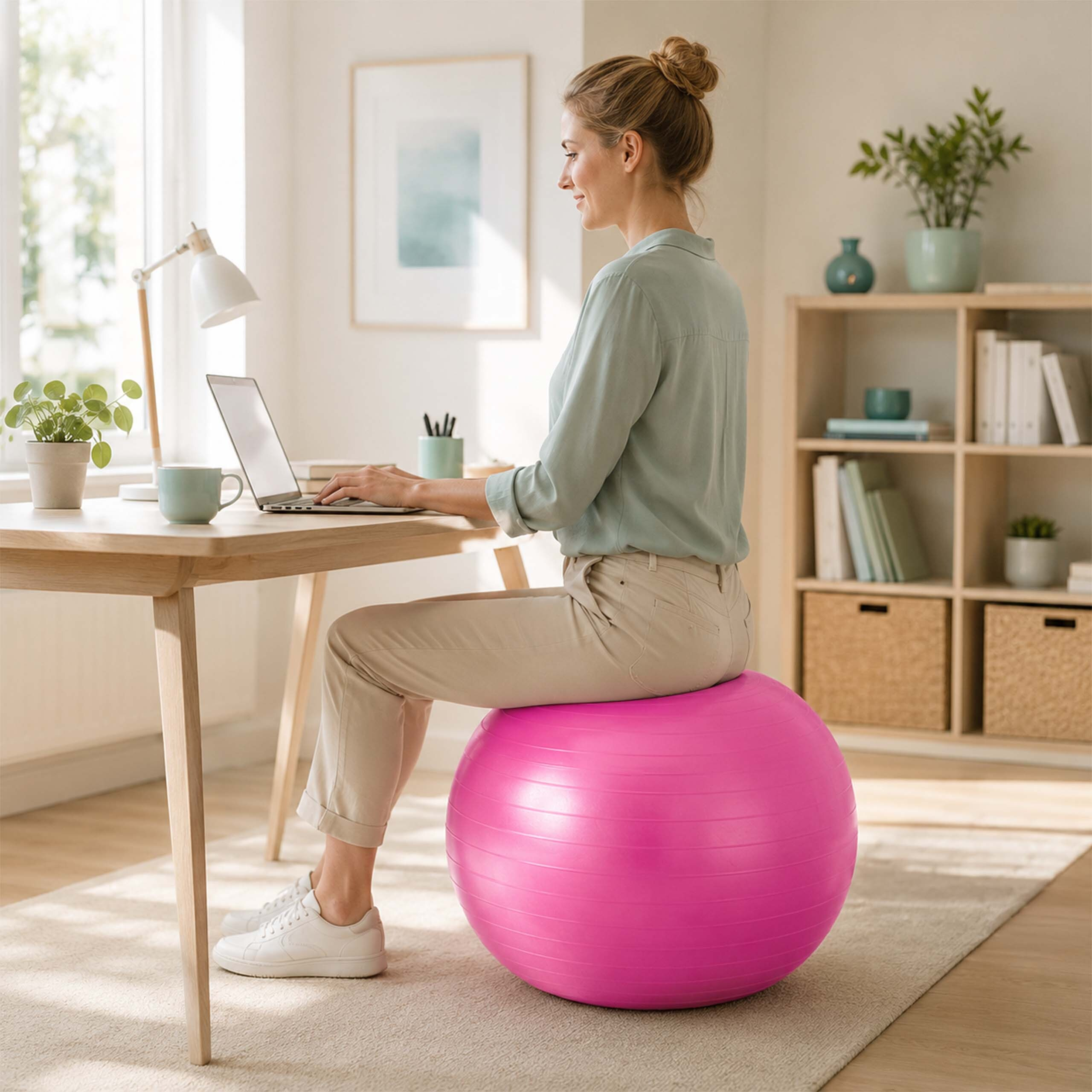 Eine blonde Frau sitzt auf einem rosa Gymnastikball und arbeitet an einem Laptop an einem Holztisch in einem hellen Zimmer.