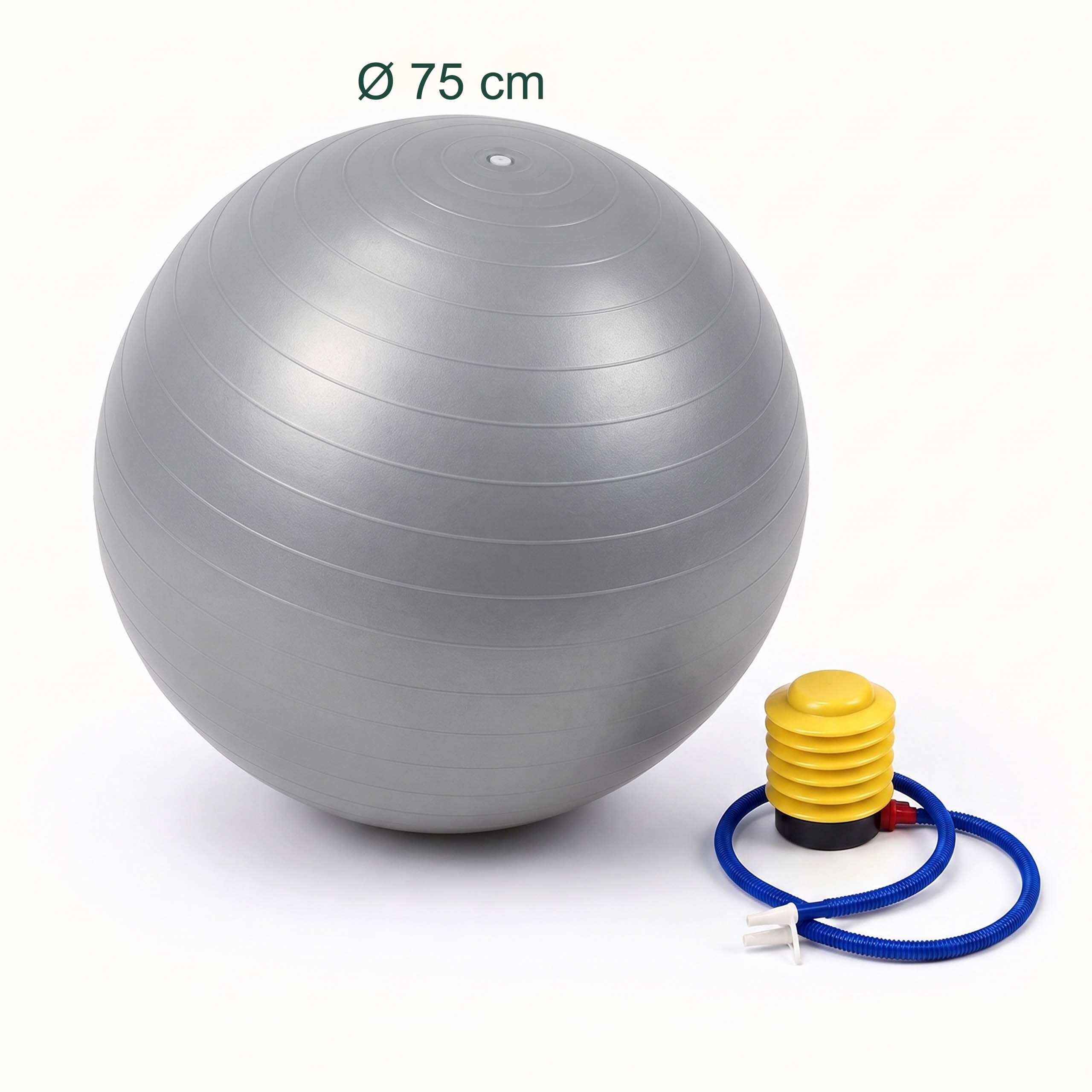 Grauer Gymnastikball mit 75 cm Durchmesser und einer gelb-blauen Handpumpe auf weißem Grund.