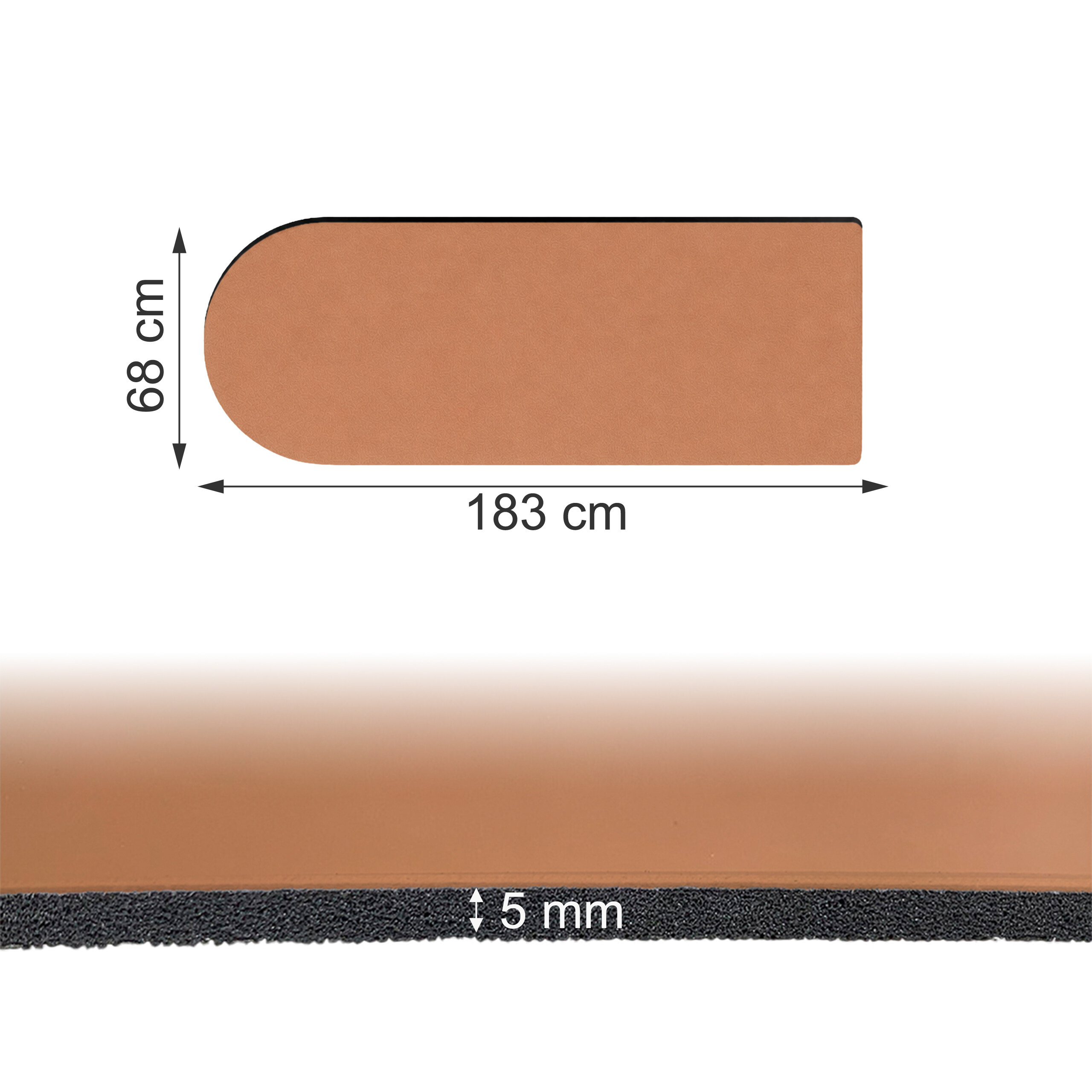 Technische Zeichnung einer braunen, abgerundeten Matte, 183 cm lang, 68 cm breit und 5 mm dick.