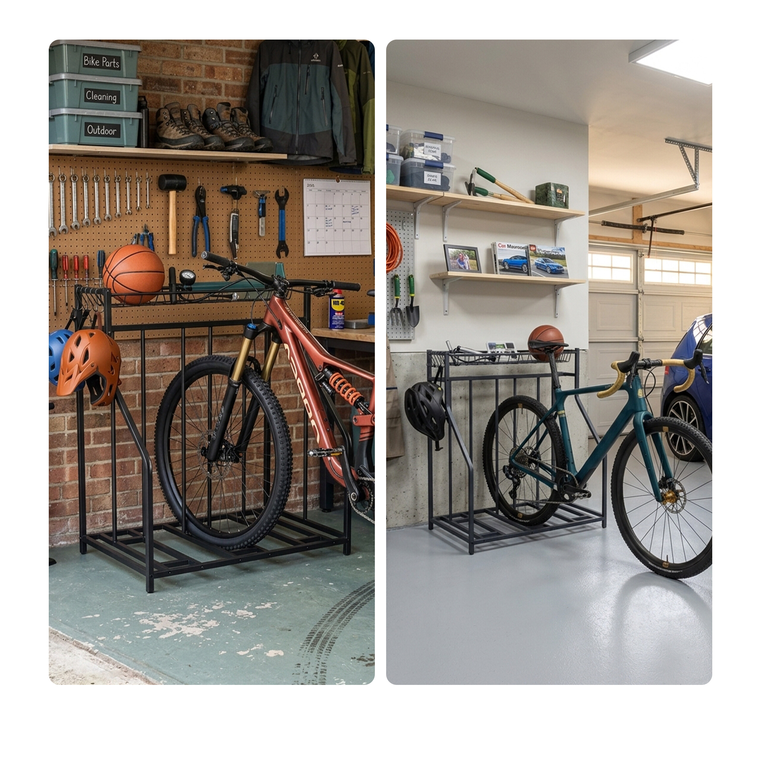 Ein schwarzer Fahrradständer mit einem Fahrrad und Helmen in einer Garage mit Werkzeug.