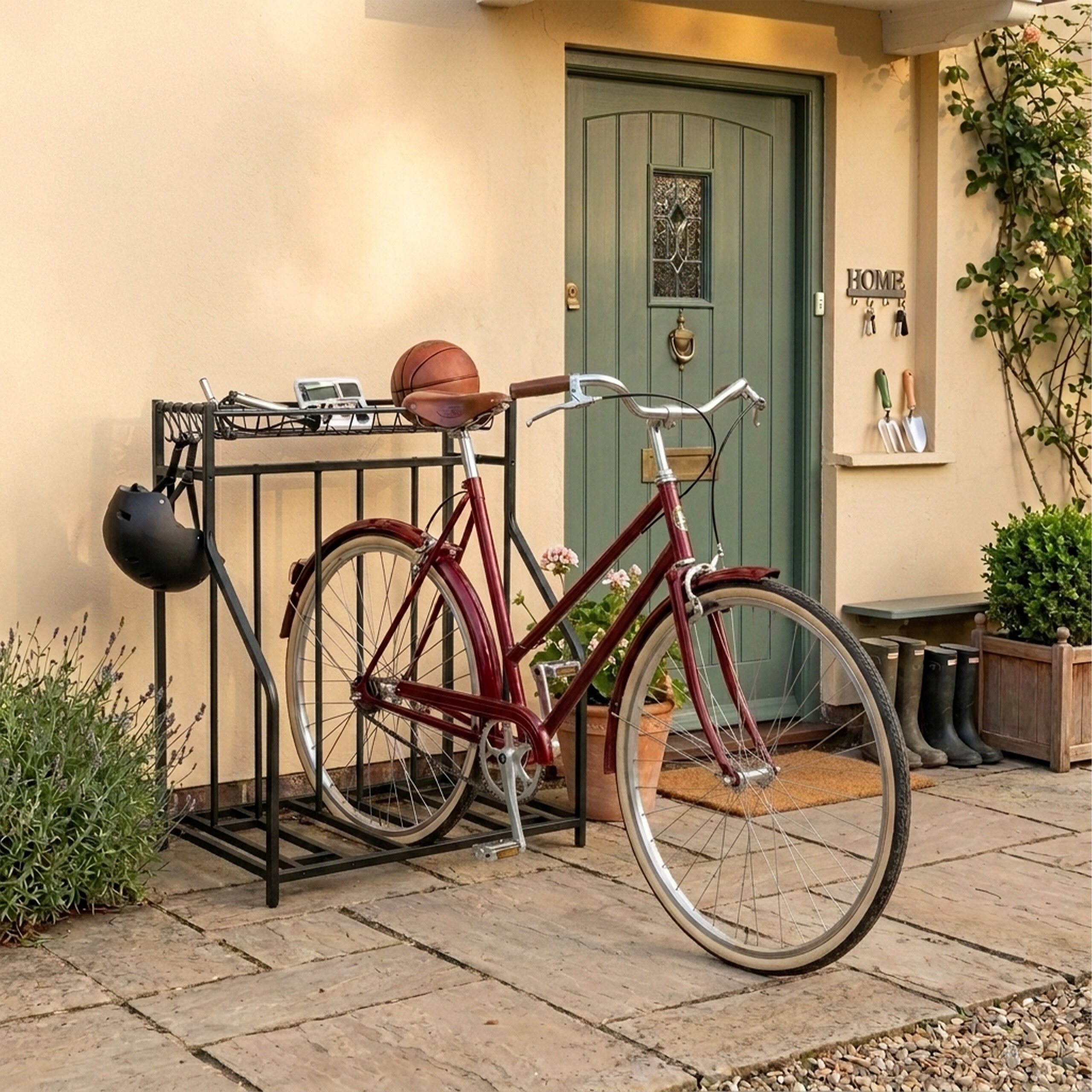 Ein burgunderrotes Fahrrad steht auf einer Steinterrasse neben einem schwarzen Metallständer vor einem Haus mit grüner Tür.