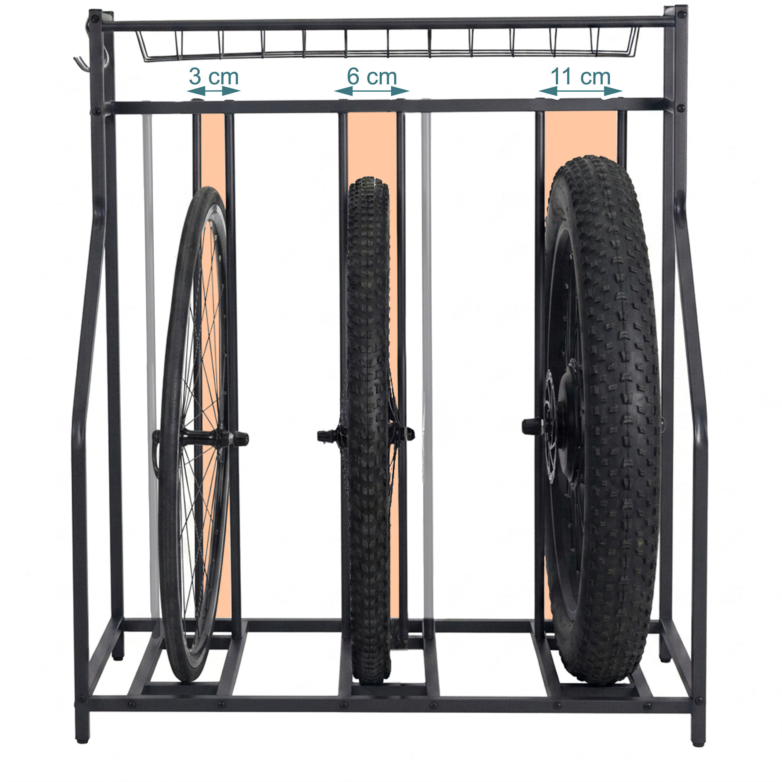 Schwarzer Fahrradständer mit drei verschiedenen Reifen und Größenangaben von 3 cm, 6 cm und 11 cm.