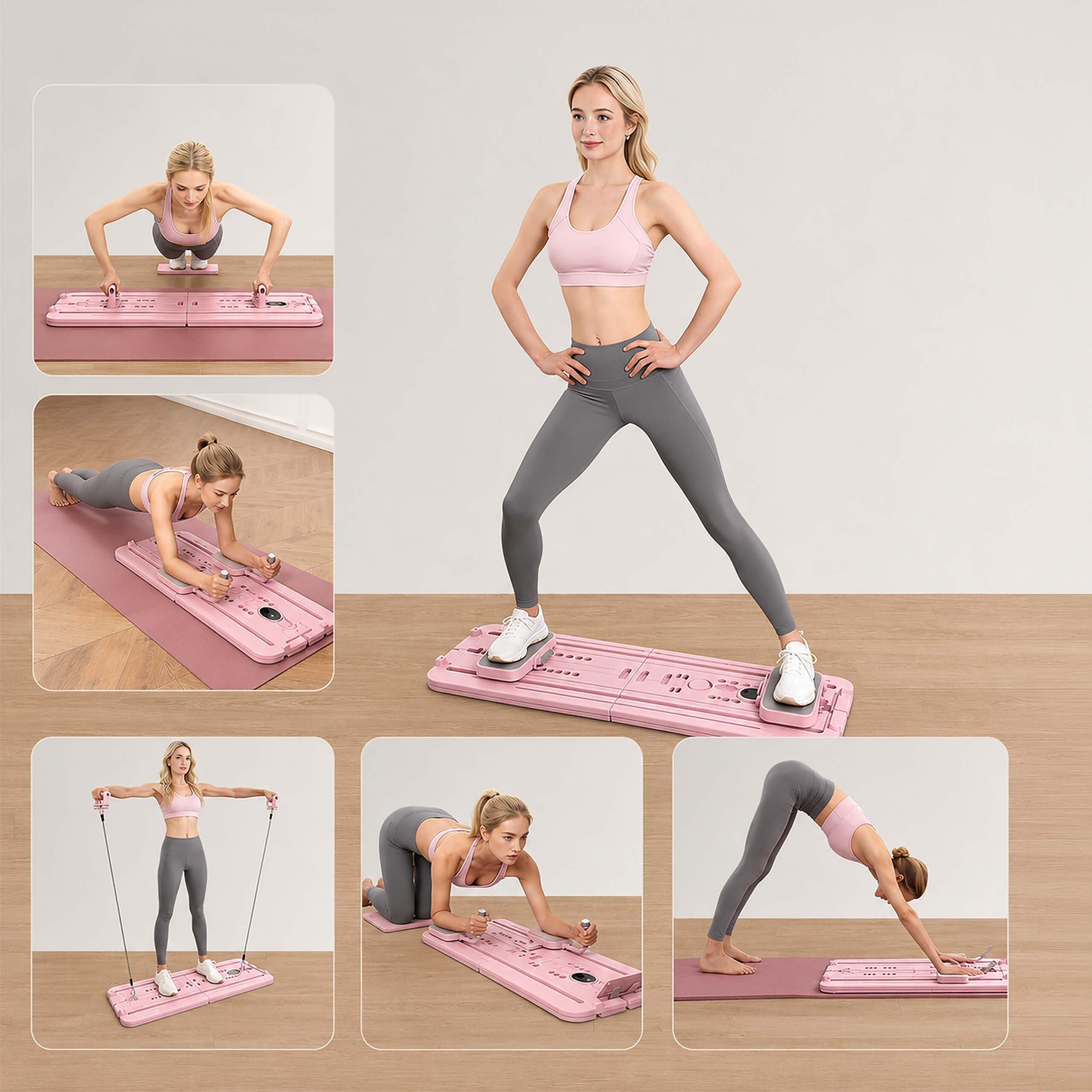Eine Frau zeigt in einem hellen Raum verschiedene Übungen mit einem rosa Fitnessboard.