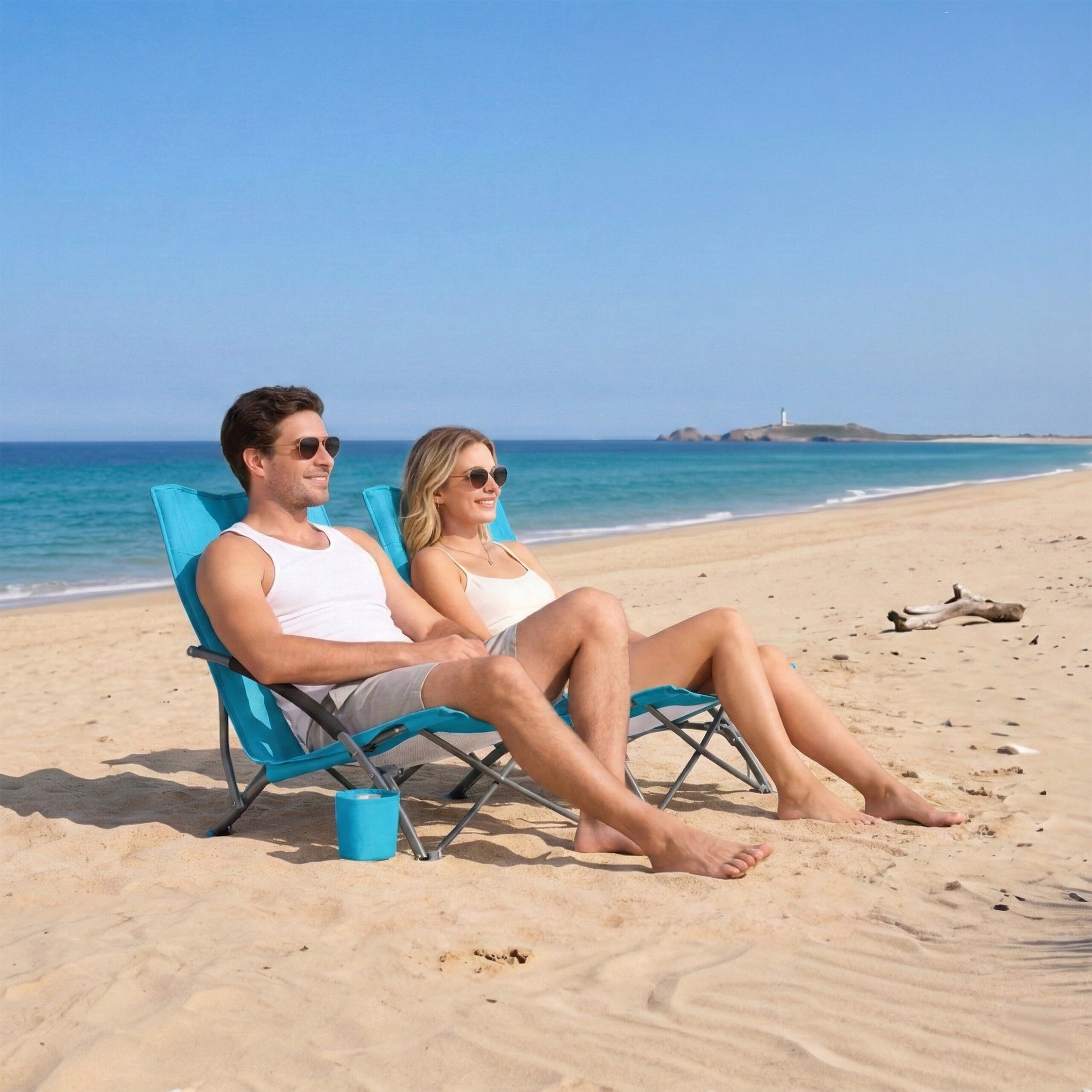 Ein Paar sitzt in blauen Strandstühlen an einem sonnigen Sandstrand mit dem Meer im Hintergrund.