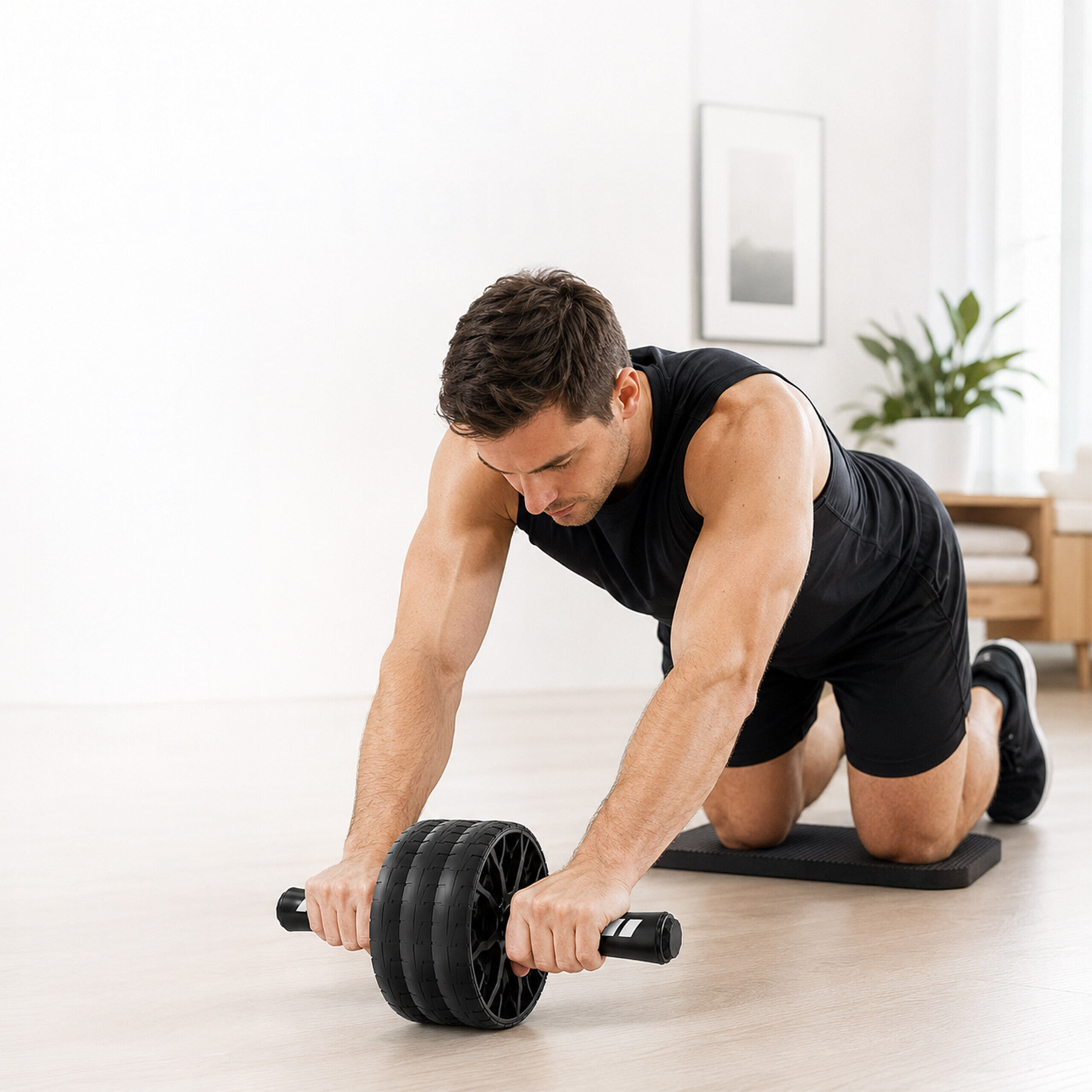 Ein Mann im schwarzen Sportshirt kniet auf einer Matte und trainiert mit einem schwarzen Bauchroller.
