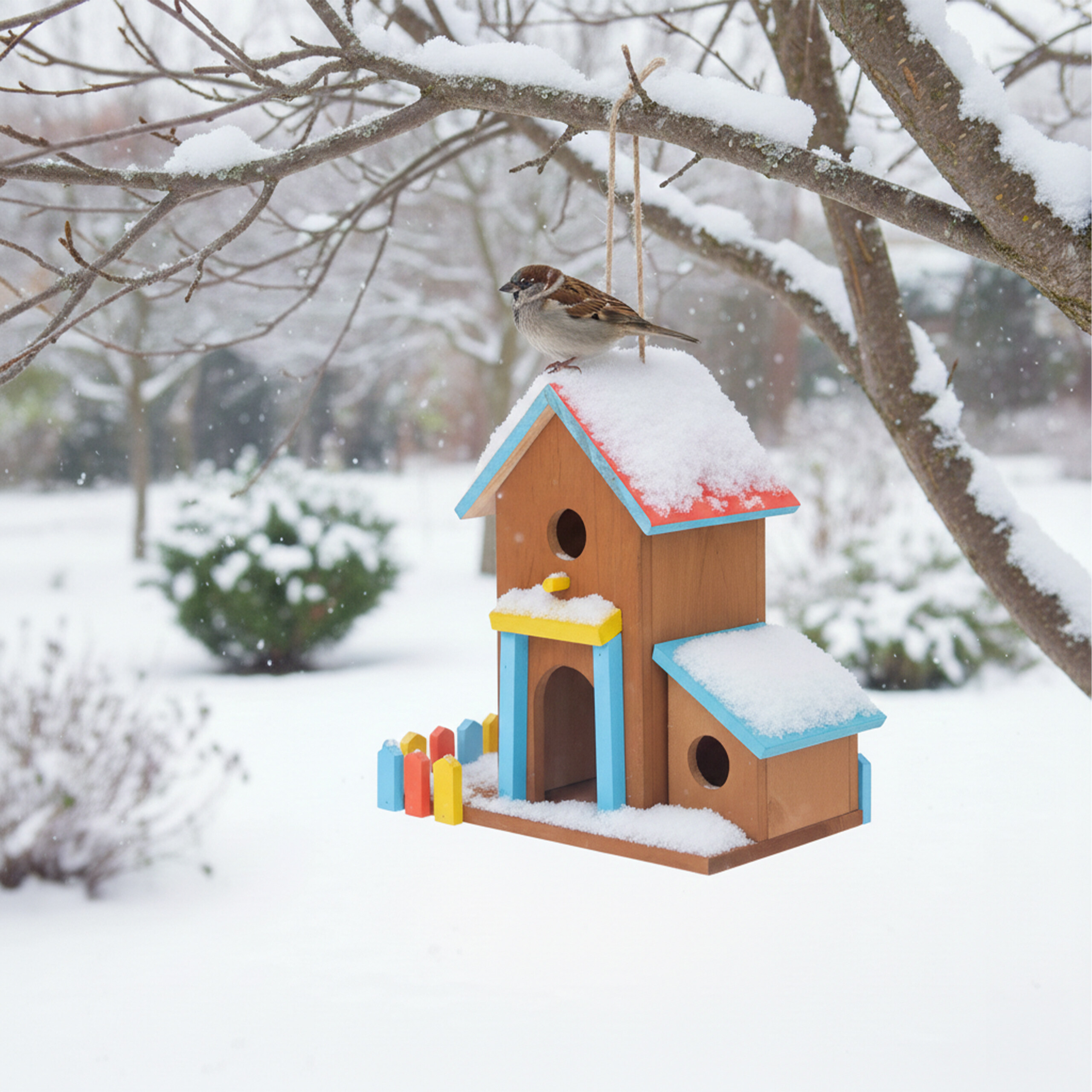 Ein kleiner Vogel sitzt auf einem buntem, schnee bedeckten Vogelhaus im Winter.