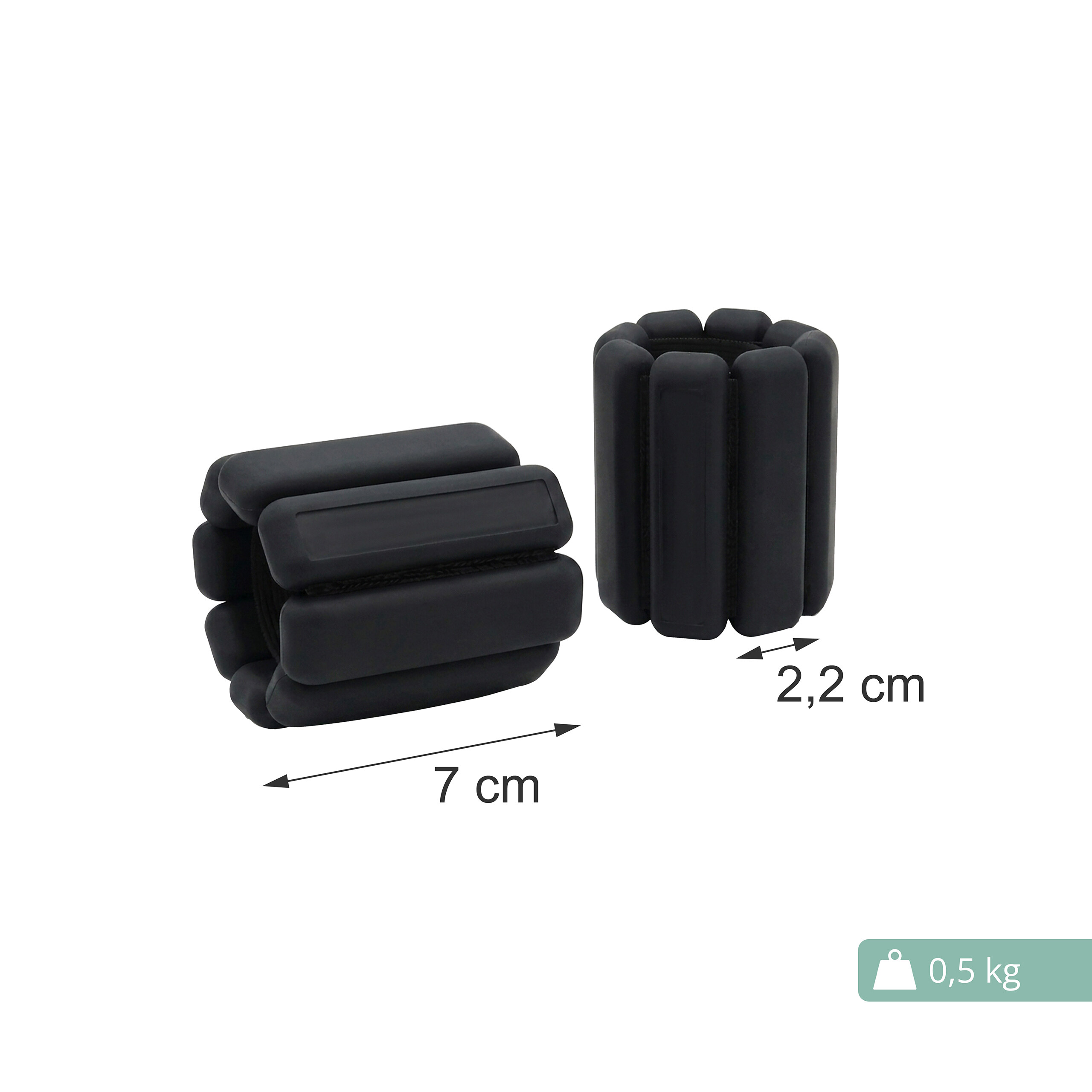 Zwei schwarze Gewichtsmanchetten mit den Maßen 7 cm und 2,2 cm, Gewicht 0,5 kg.