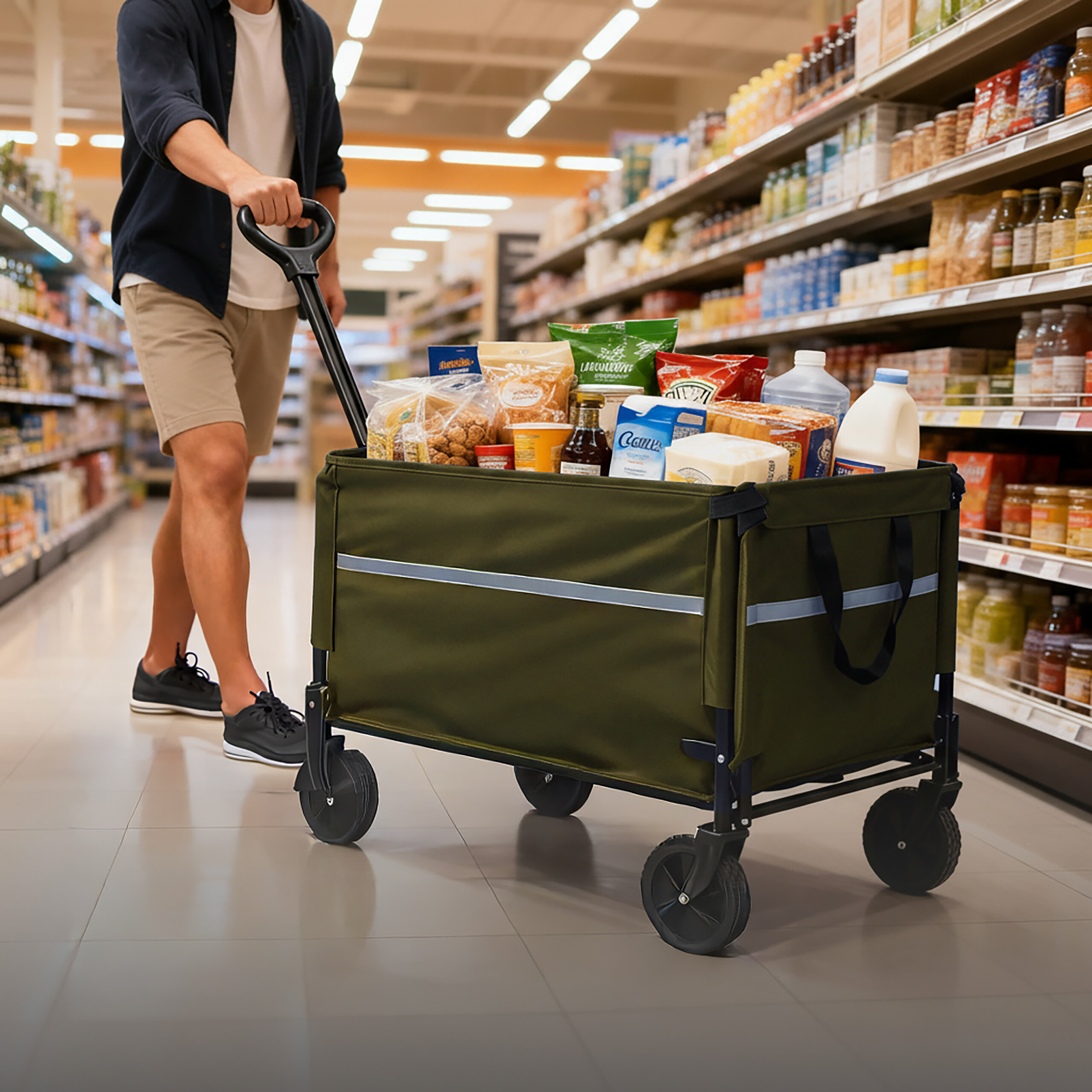 Ein Mann schiebt einen vollgepackten grünen Einkaufswagen durch die Gänge eines Supermarkts.