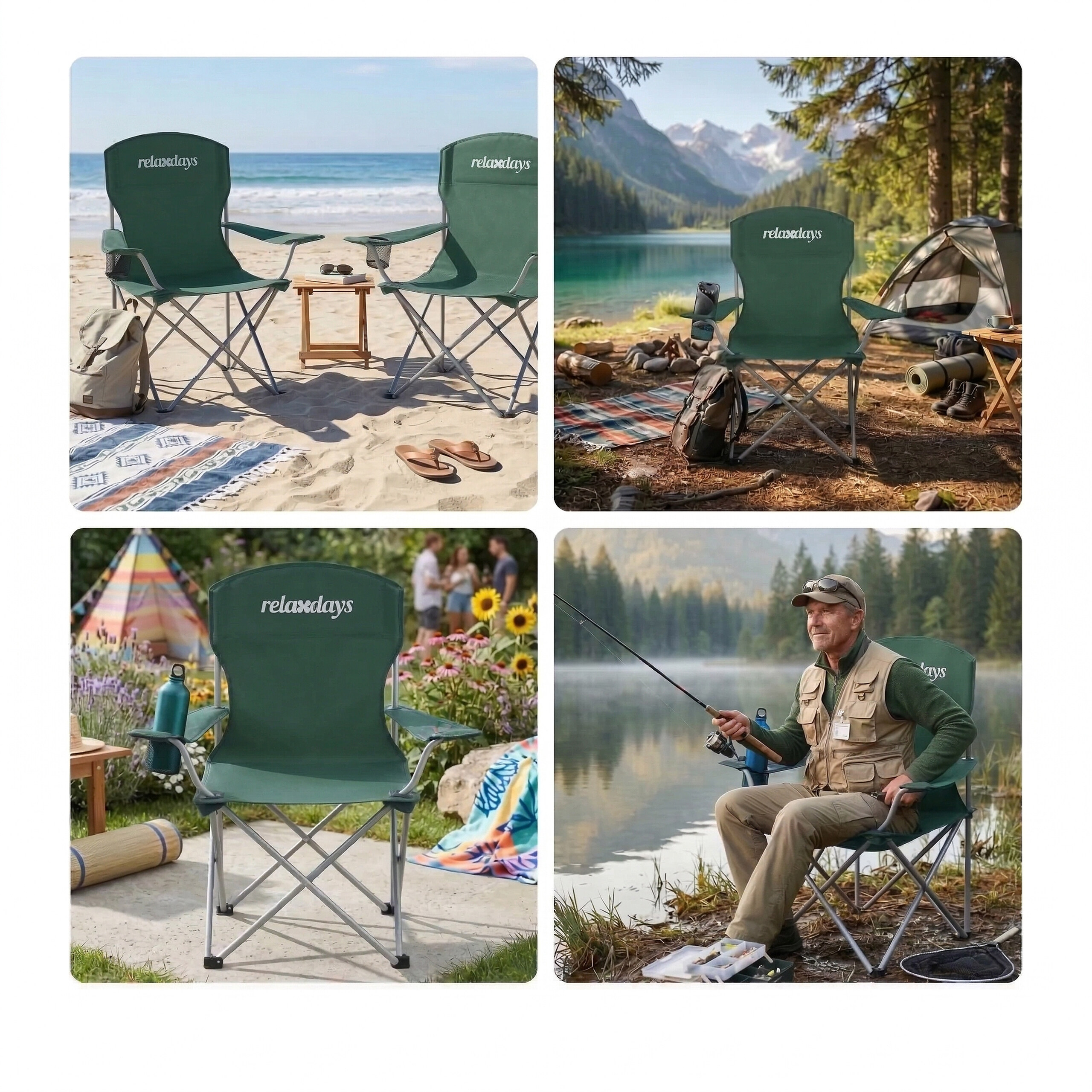 Vier Bilder zeigen grüne Campingstühle am Strand, am See, im Garten und beim Angeln in der Natur.