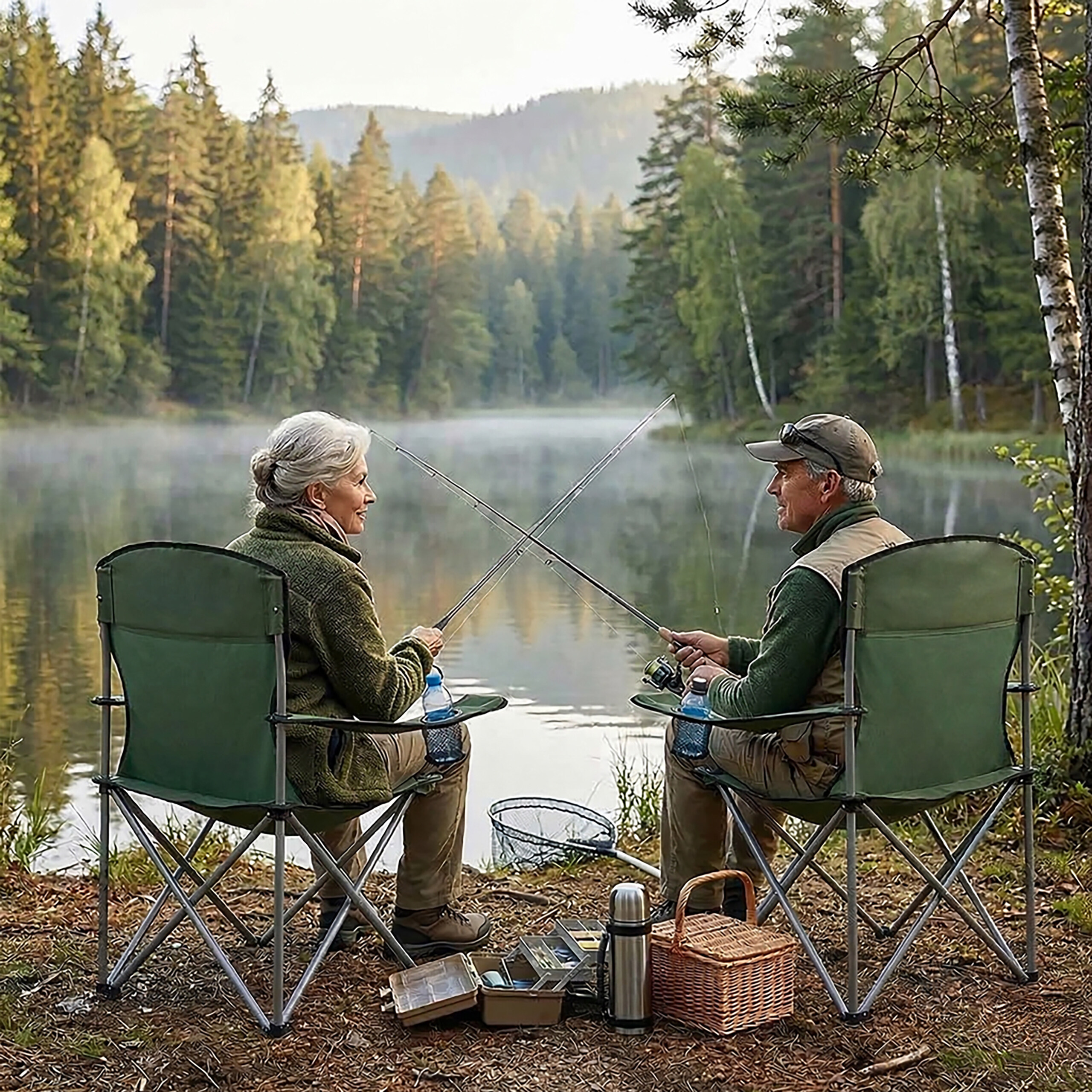 Älteres Paar sitzt am nebligen See in grünen Campingstühlen und angelt.