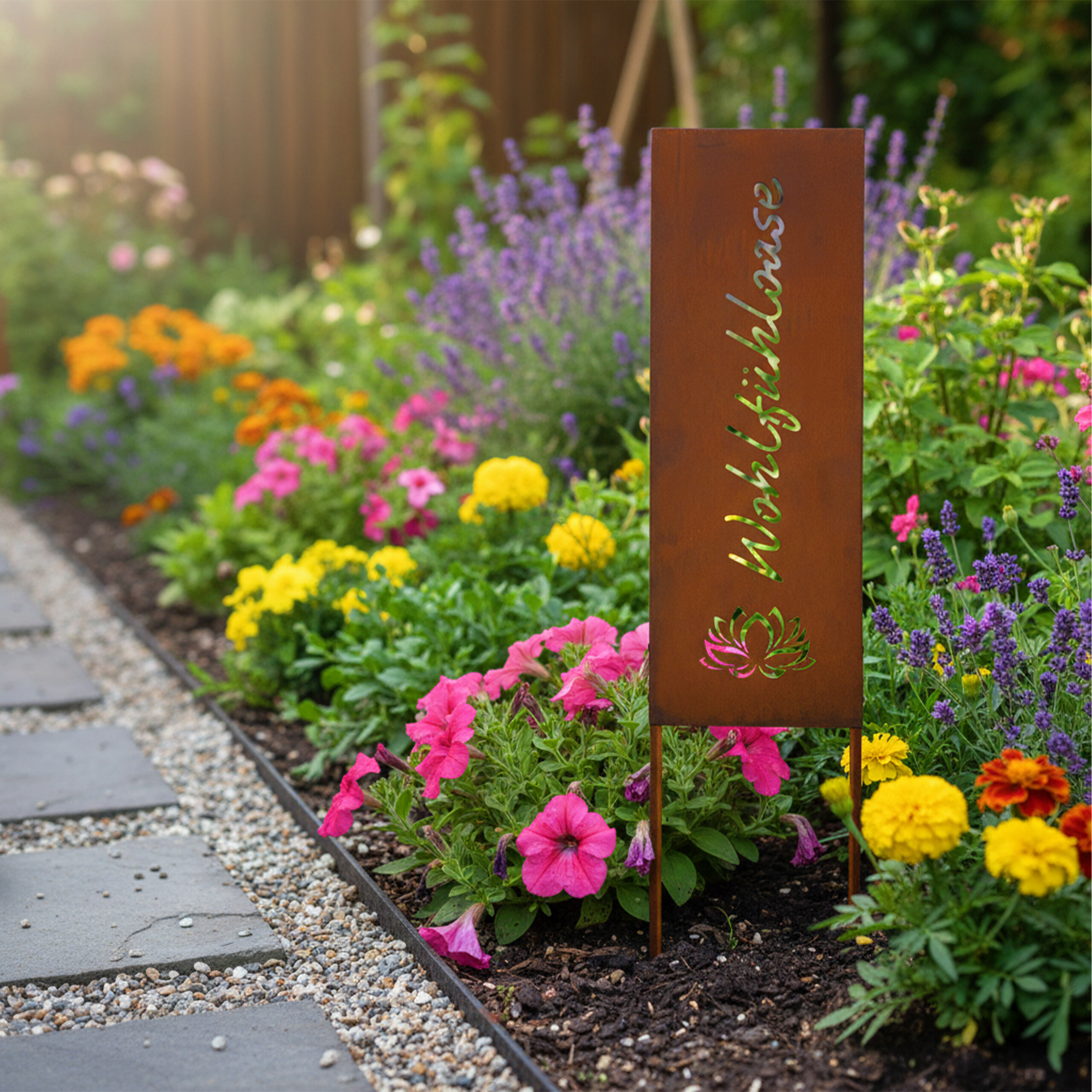 Ein rostiges Metallschild mit der Aufschrift Wohlfühl-Oase steht in einem bunten Garten mit Blumen und einem Steinweg.