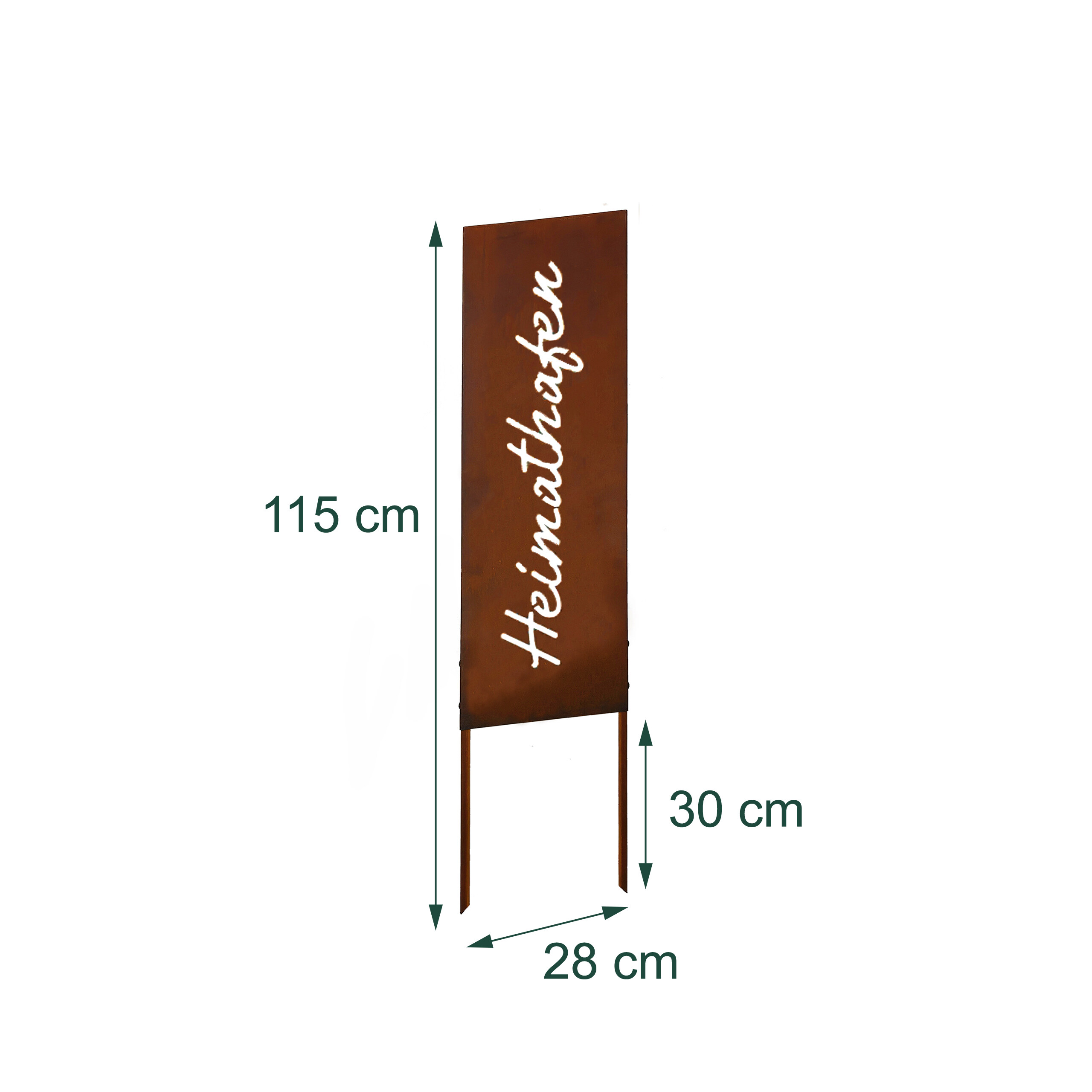 Rostfarbenes Gartenschild mit der Aufschrift Heimathafen, 115 cm hoch, 28 cm breit und 30 cm Spieße.