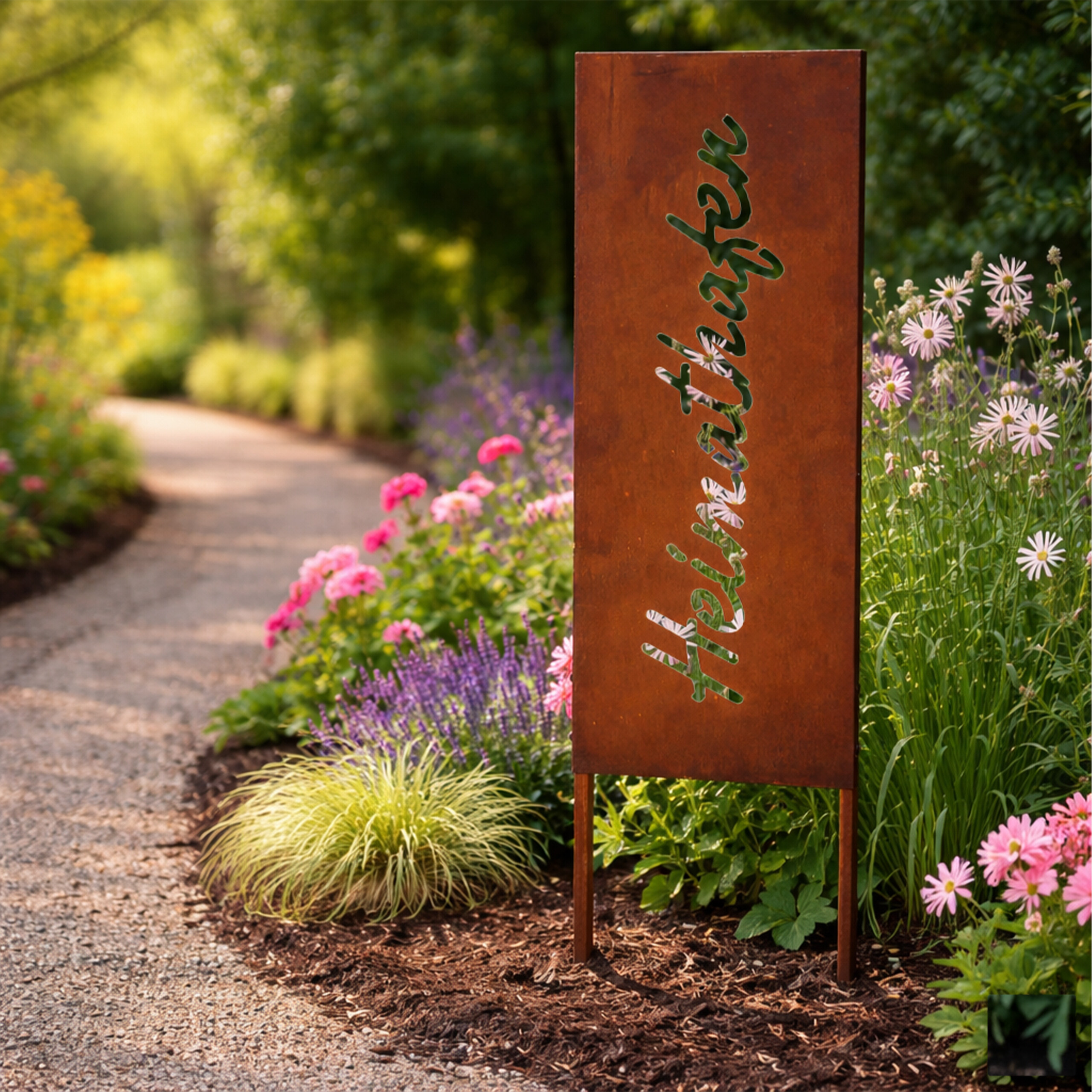Rostiges Metallschild mit镂空 Schriftzug "Heimatgarten" in einem Garten neben einem geschwungenen Weg und bunten Blumen.