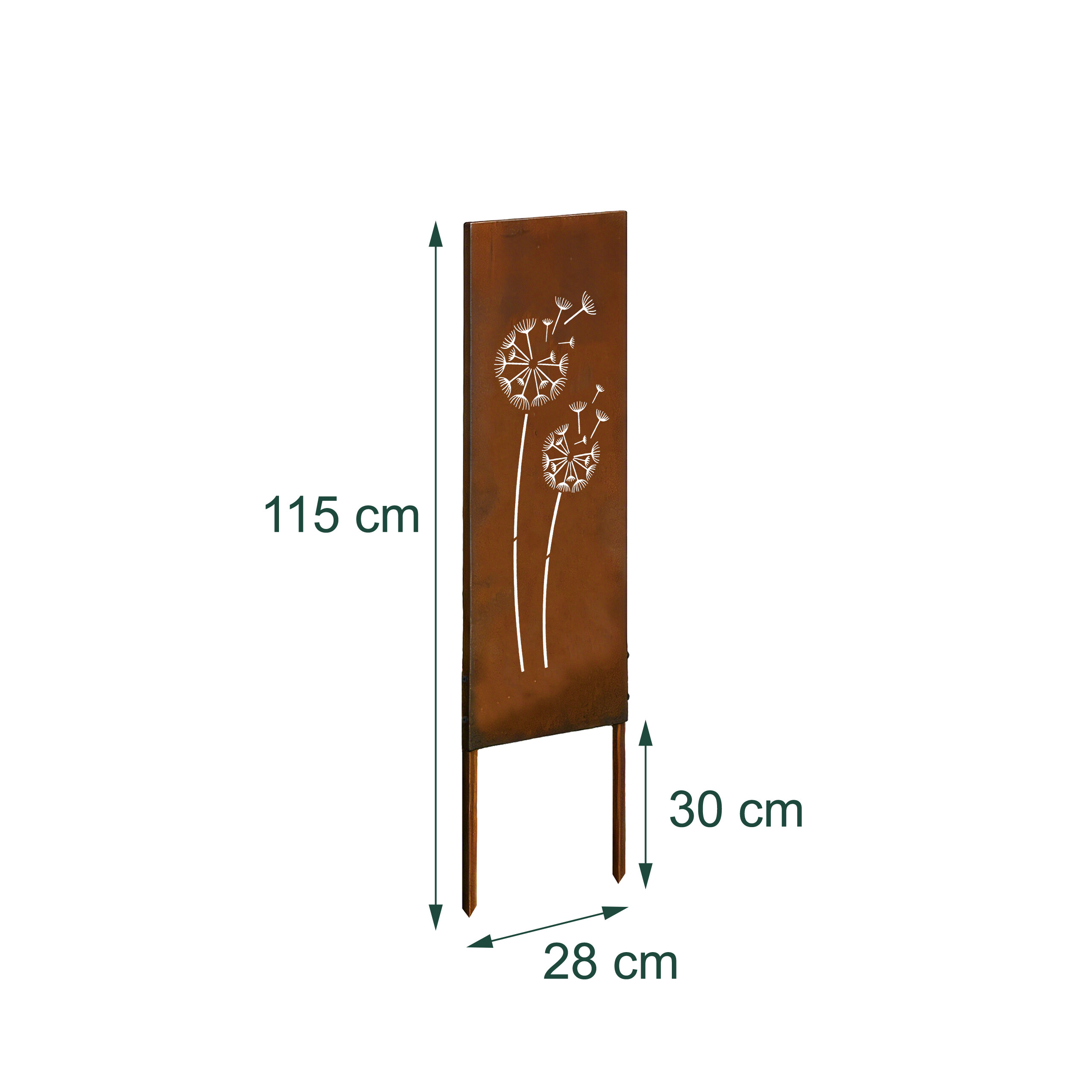Rostfarbene Metall-Gartenstele mit Löwenzahn-Motiv und Maßangaben 115x28x30 cm.