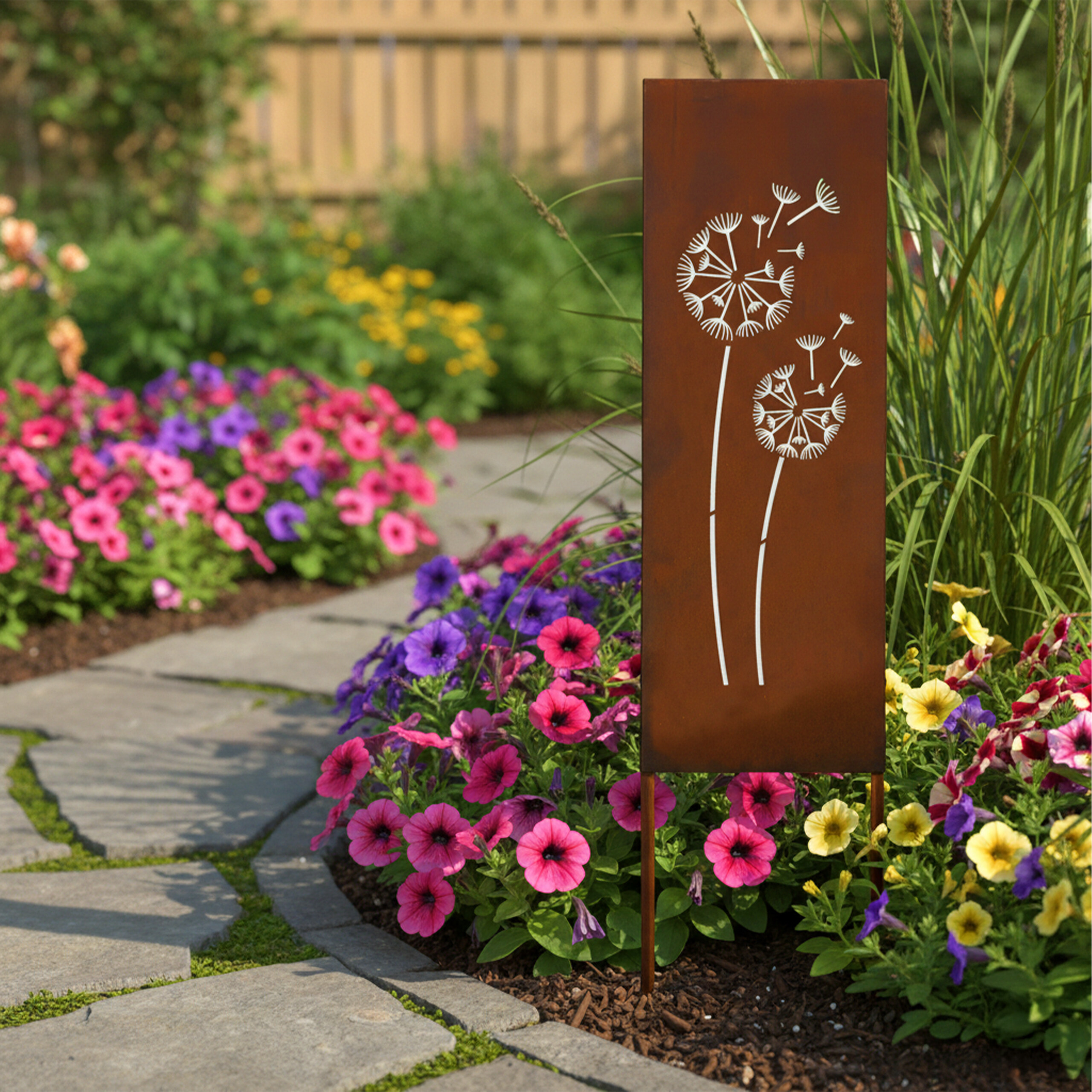 Rostfarbene Metallstele mit Pusteblumen-Motiv im Garten, umgeben von bunten Blumen und Grün.