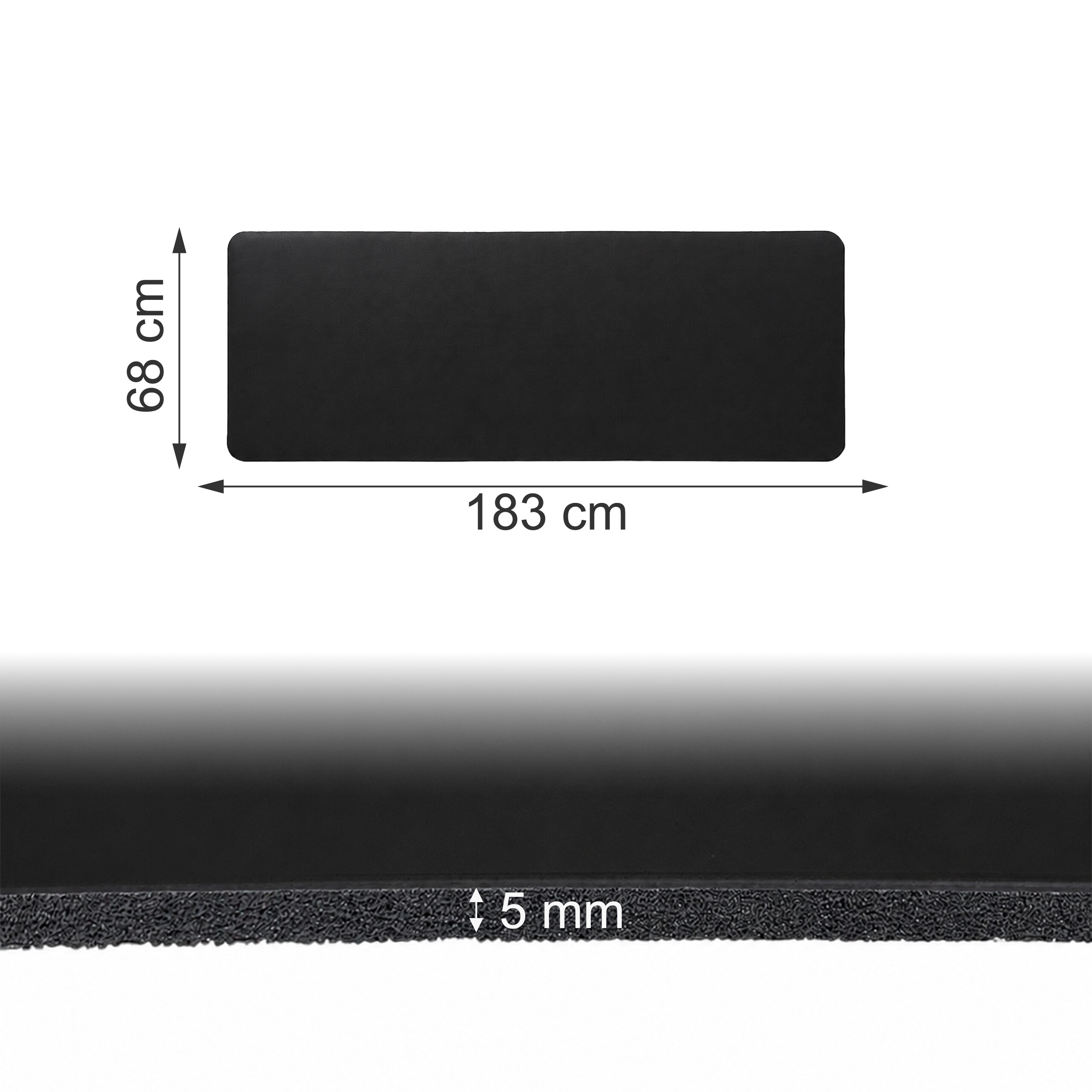 Schwarze Matte mit Abmessungen von 183x68 cm und einer Dicke von 5 mm.