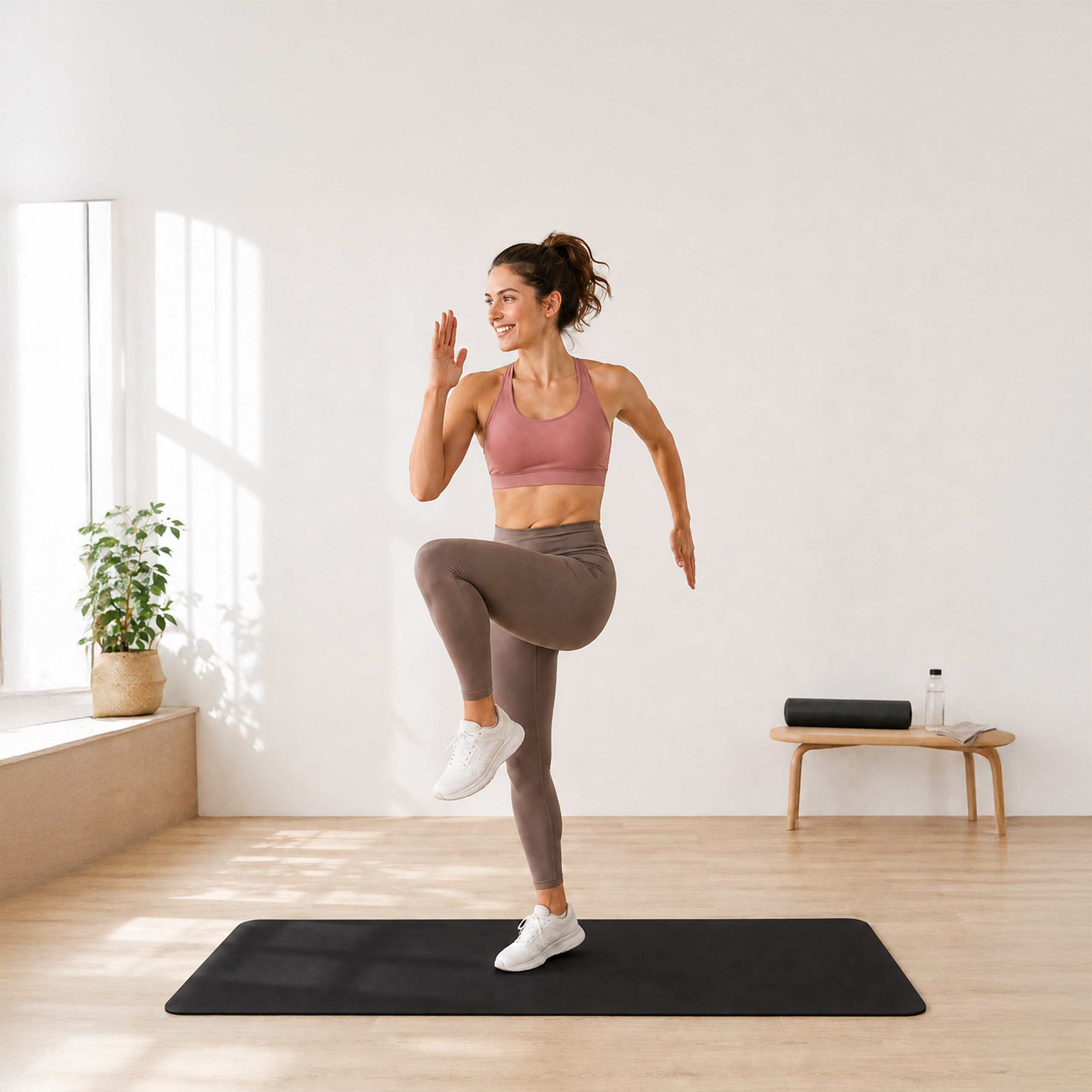 Eine Frau in Sportbekleidung macht Fitnessübungen auf einer schwarzen Matte in einem hellen Raum.
