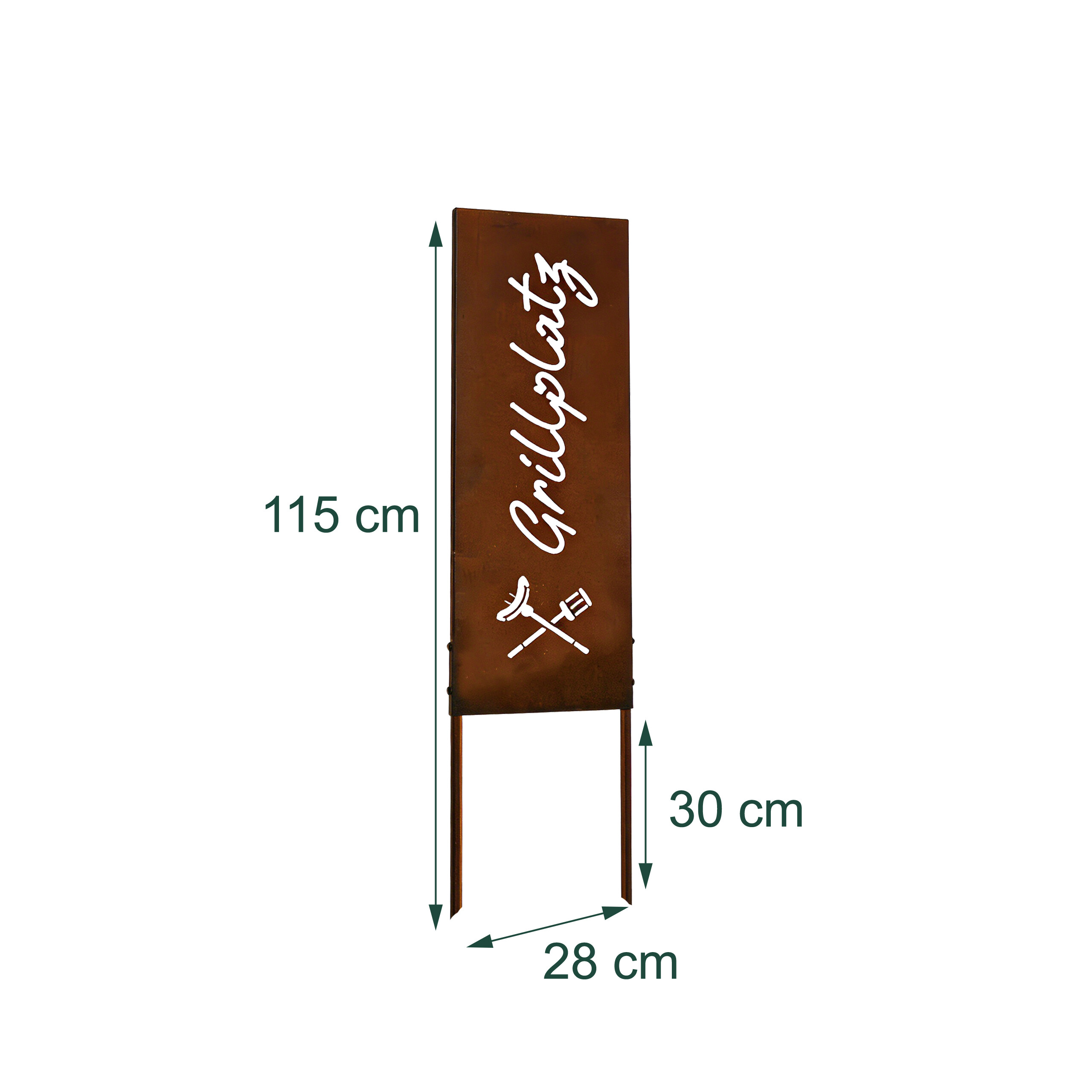 Rostfarbenes Metallschild mit Aufschrift Grillplatz und Maßen: 115 cm Höhe, 28 cm Breite und 30 cm Erdspieße.