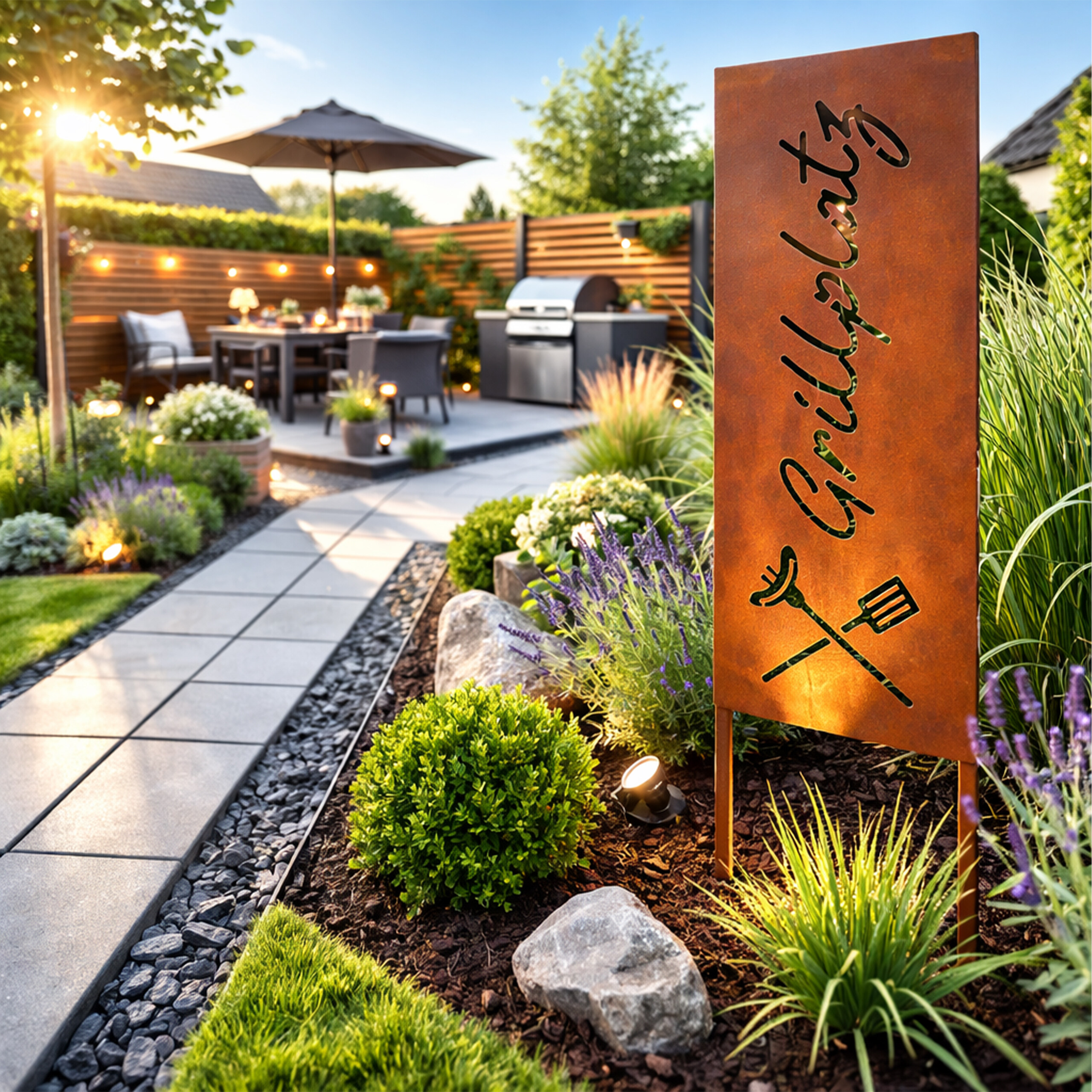 Rostfarbene Metallstele mit Aufschrift Grillplatz im Garten mit Steinweg, Grill und Pflanzen bei Sonnenuntergang.