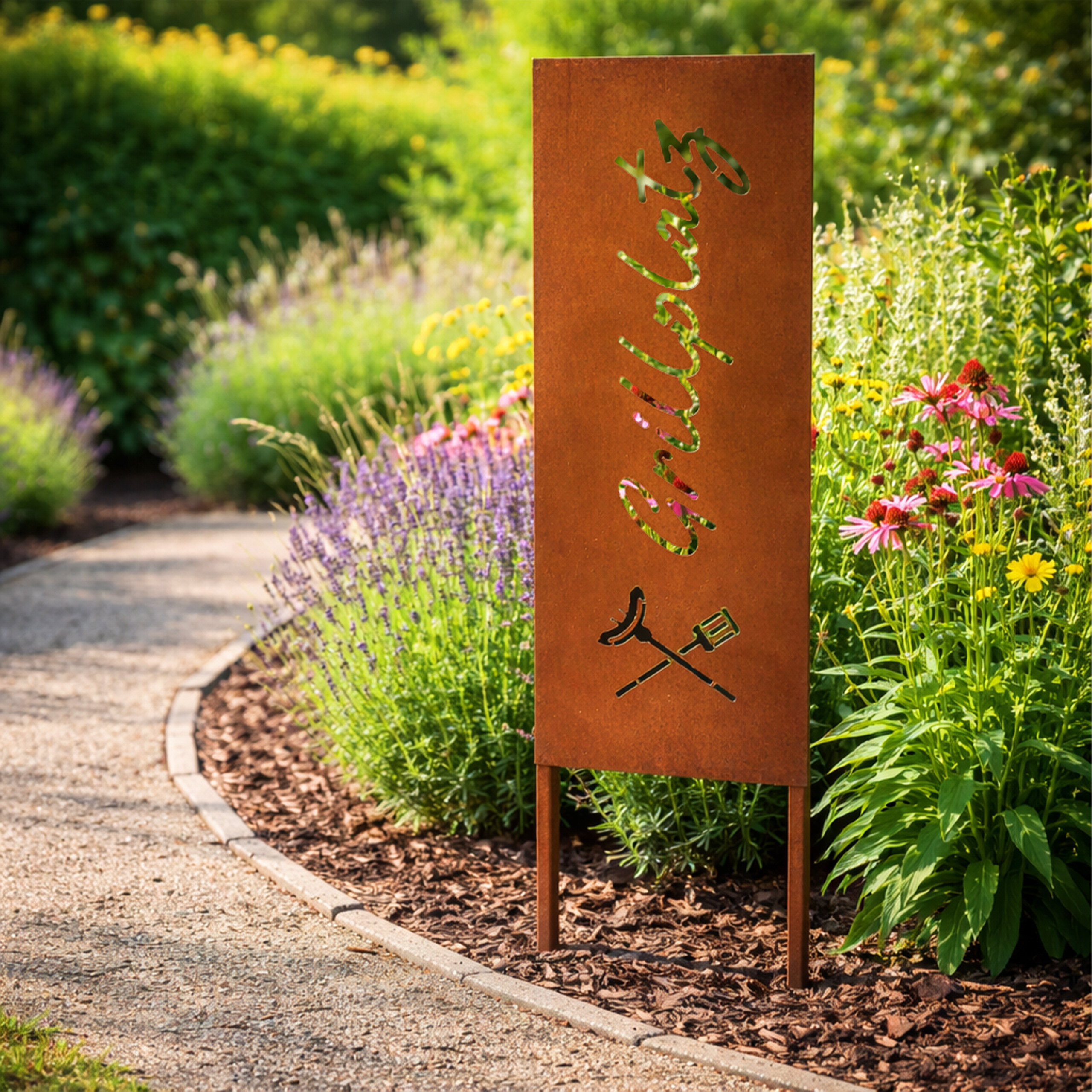 Rostiges Metallschild mit der Aufschrift Grillplatz und Bestecksymbol, stehend in einem blühenden Garten.