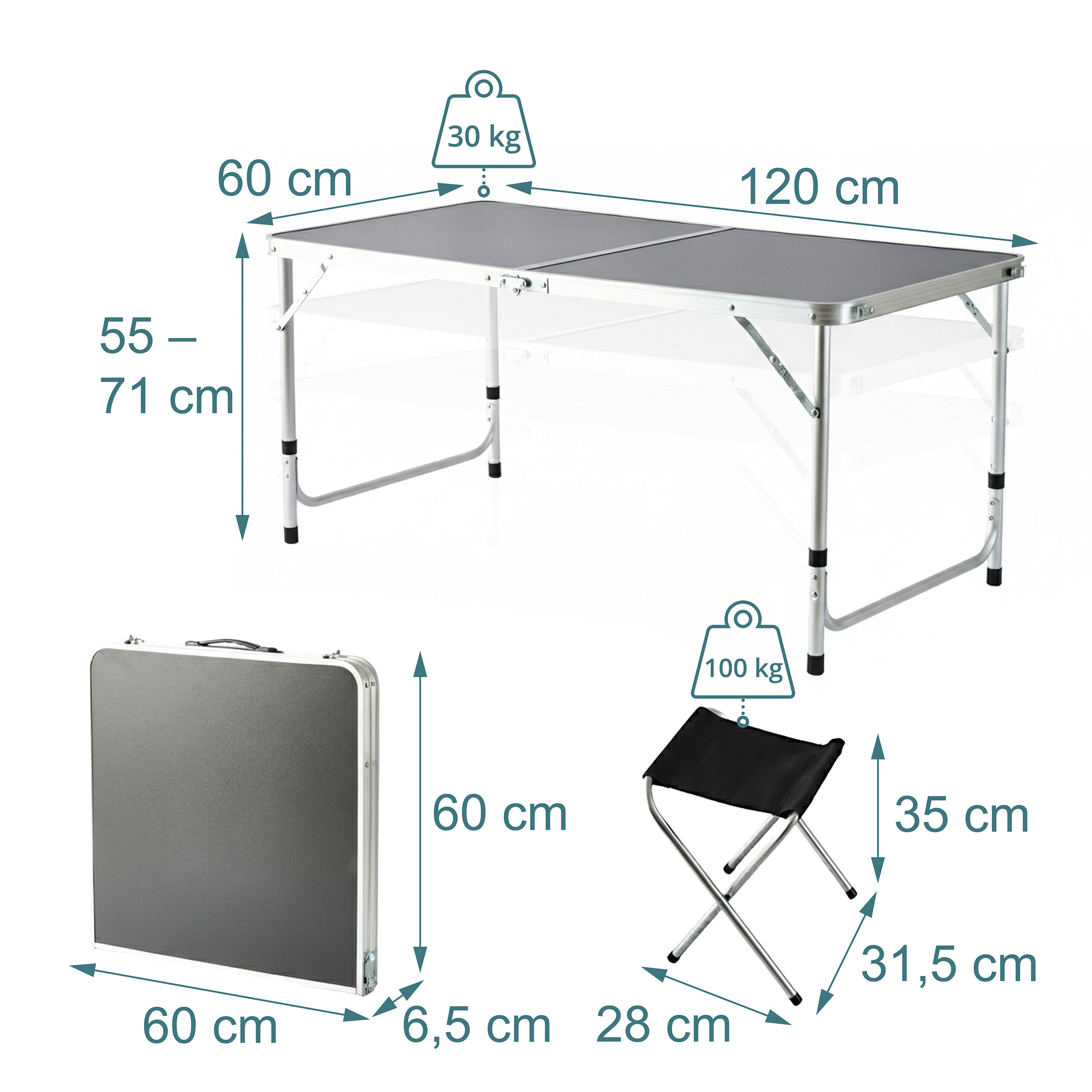 Faltbarer Campingtisch mit Maßen und Gewichtskapazitäten sowie ein Hocker.