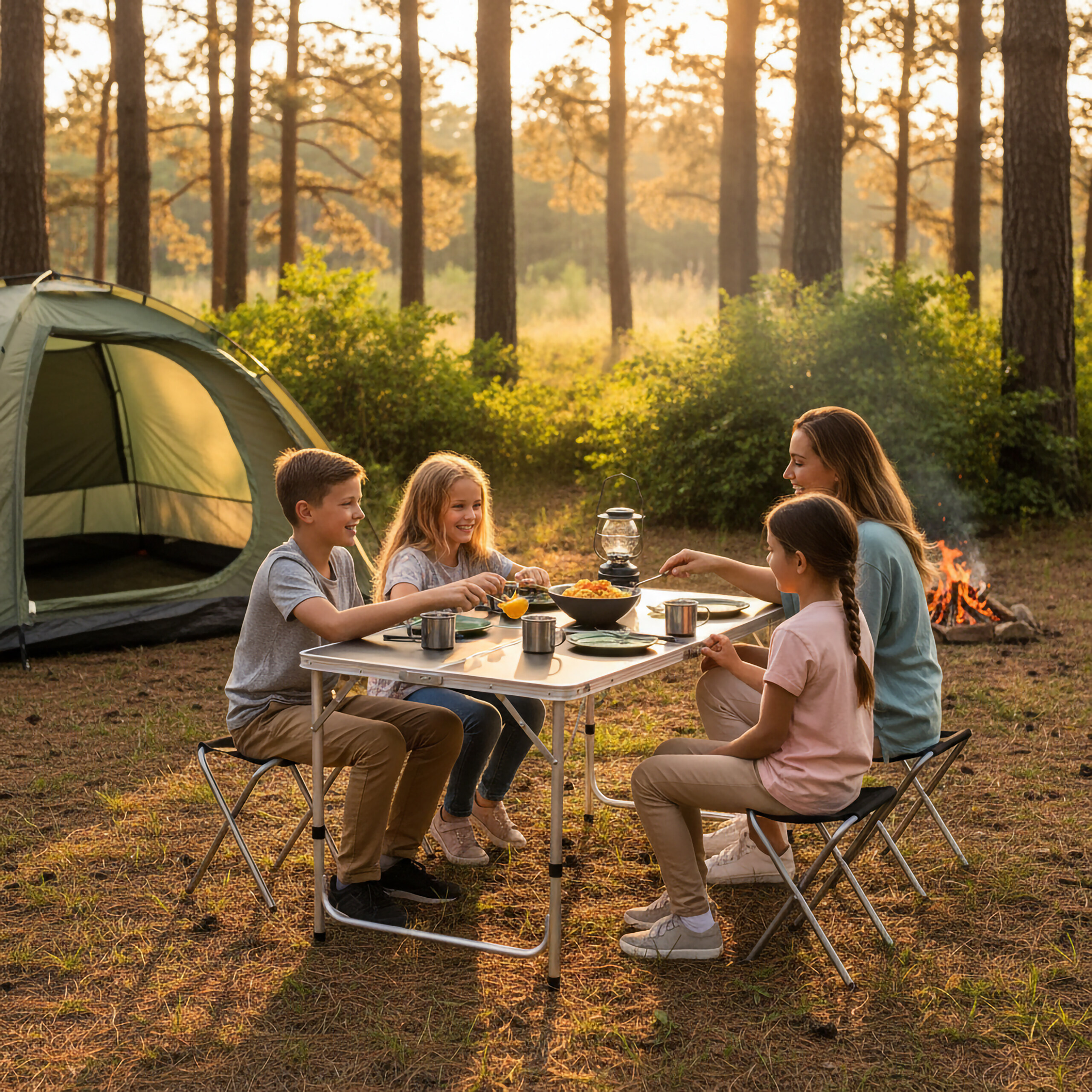 Eine Familie campen im Wald beim Essen an einem Tisch vor einem Zelt.