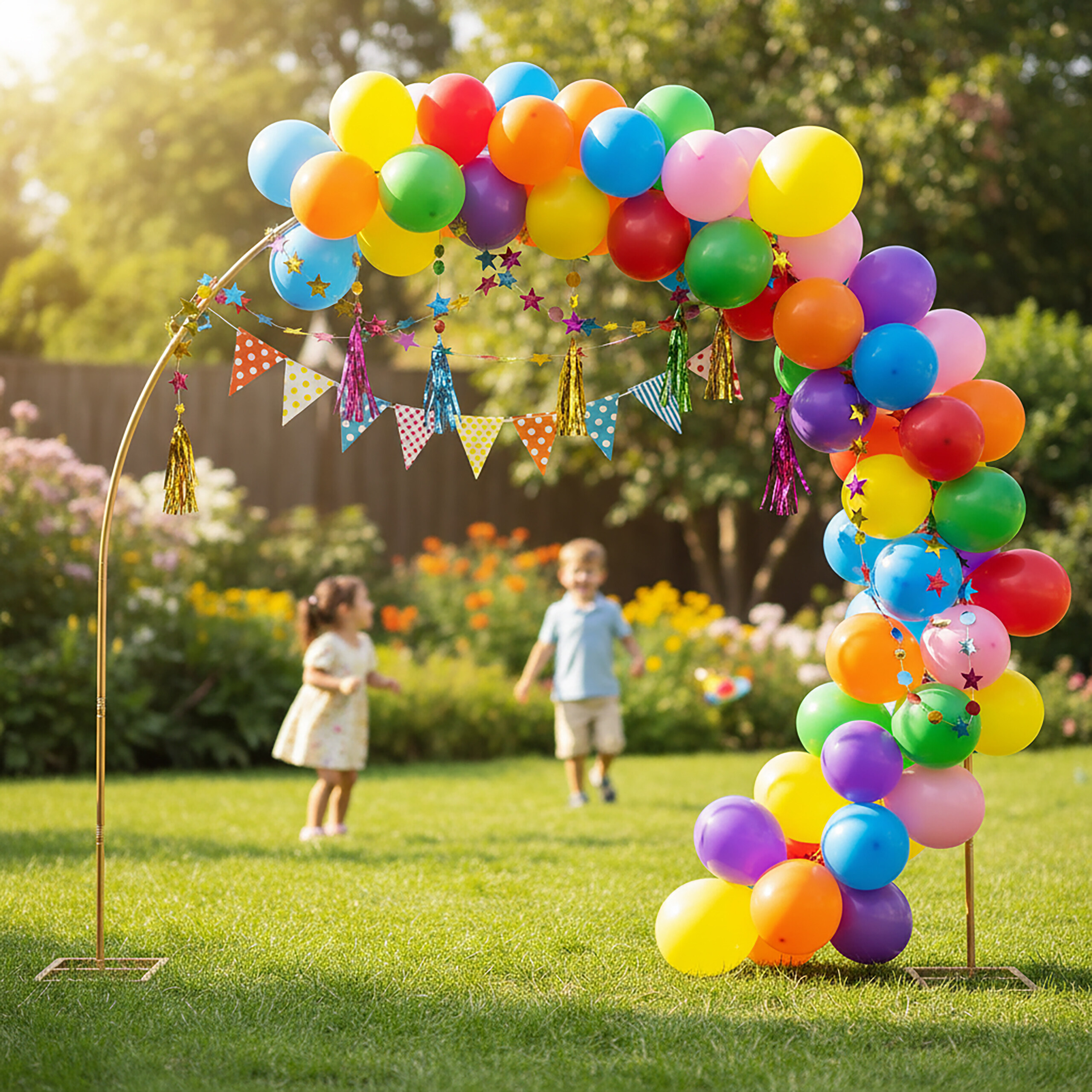 Bunte Ballonbogen-Dekoration im Garten mit zwei verschwommenen Kindern im Hintergrund.