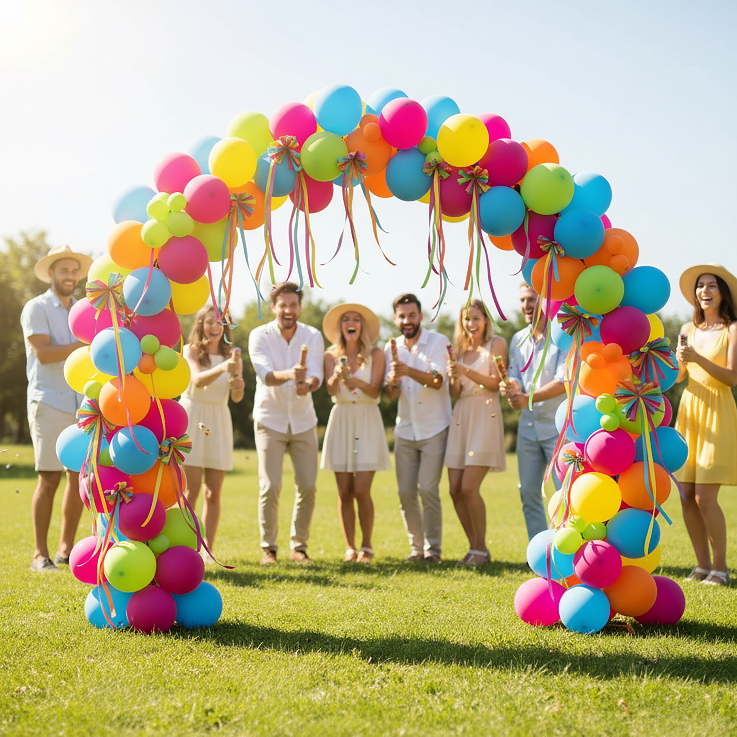 Eine Gruppe fröhlicher Freunde feiert im Freien unter einem großen, bunte Luftballonbogen und hält Partyknaller.
