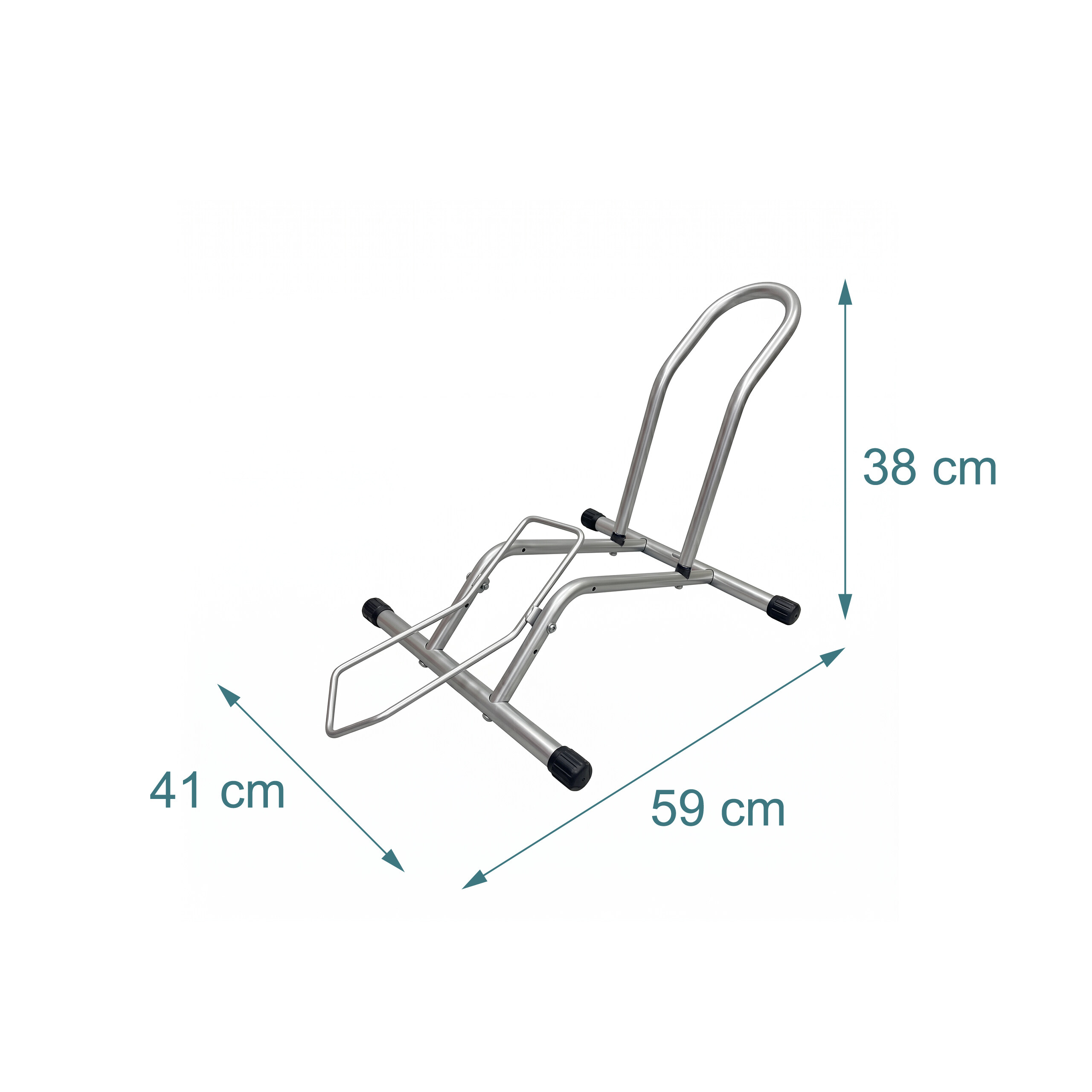 Silberner Metall-Fahrradständer mit Abmessungen von 59x41x38 cm auf weißem Hintergrund.
