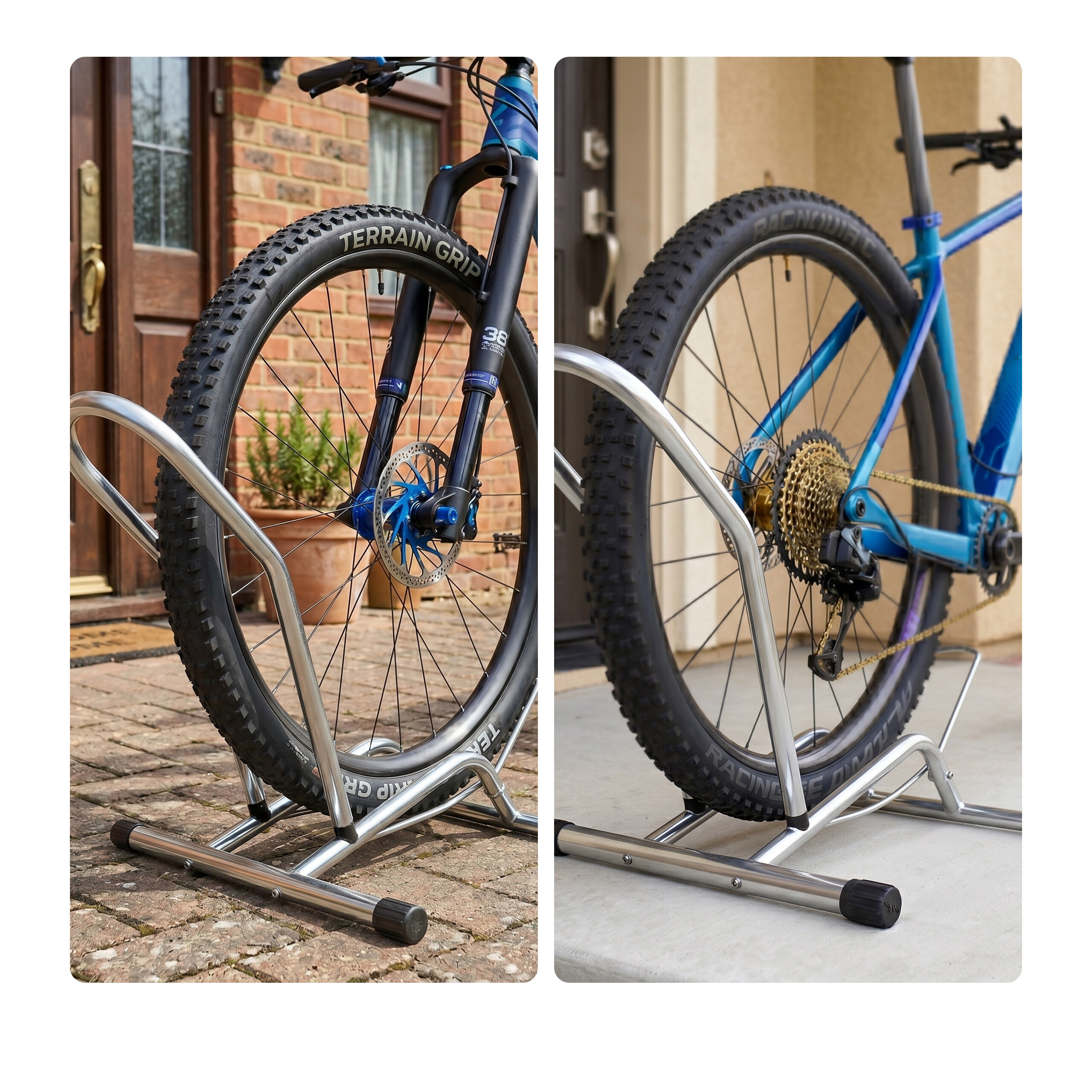 Zwei Bilder von Mountainbikes, die vorne und hinten in Edelstahl-Fahrradständern geparkt sind.