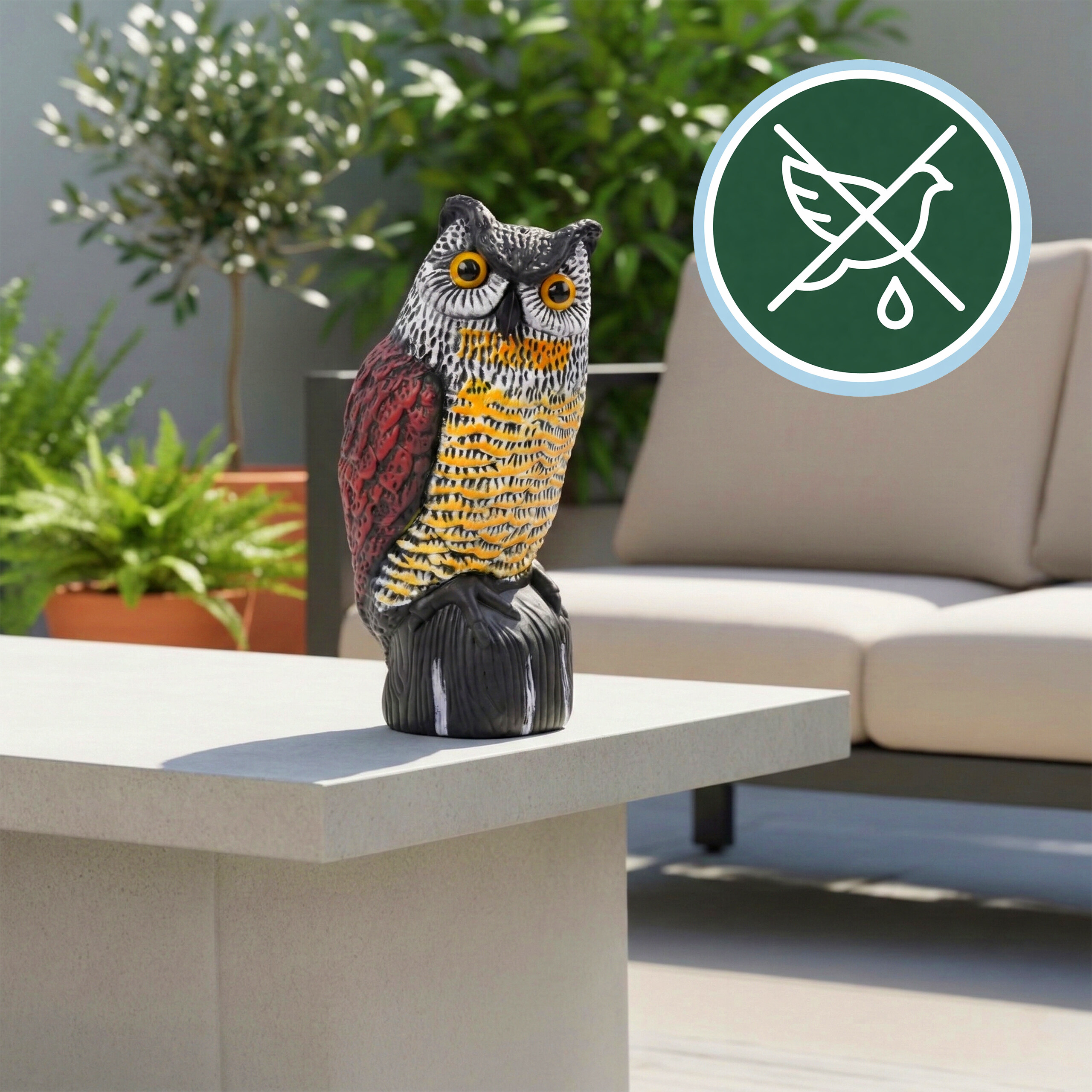 Eine bunte Eulen-Gartenfigur steht auf einem Tisch in einem Garten mit Pflanzen und Möbeln.