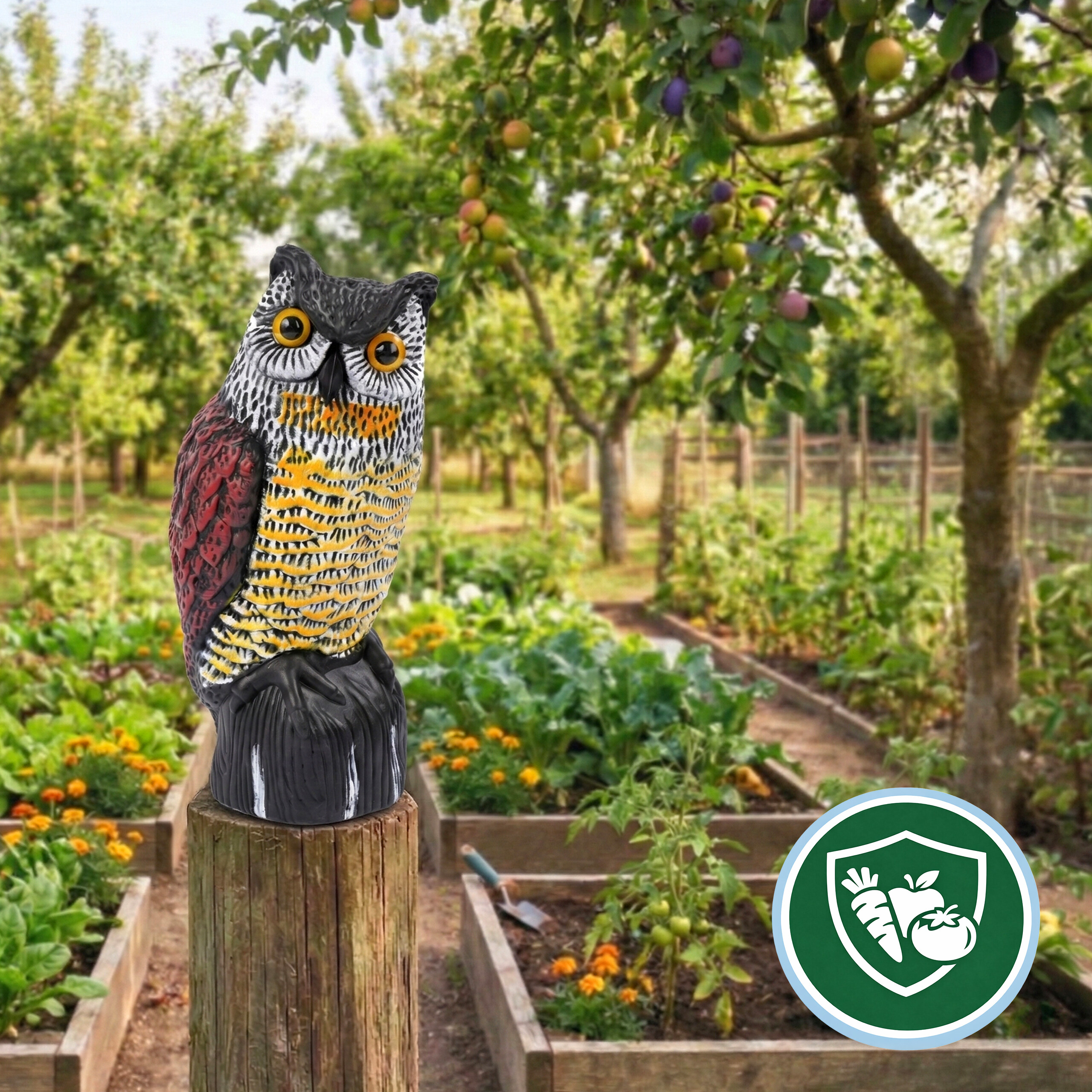 Eine bunte Eulenstatue auf einem Holzmasten in einem Gemüsegarten.