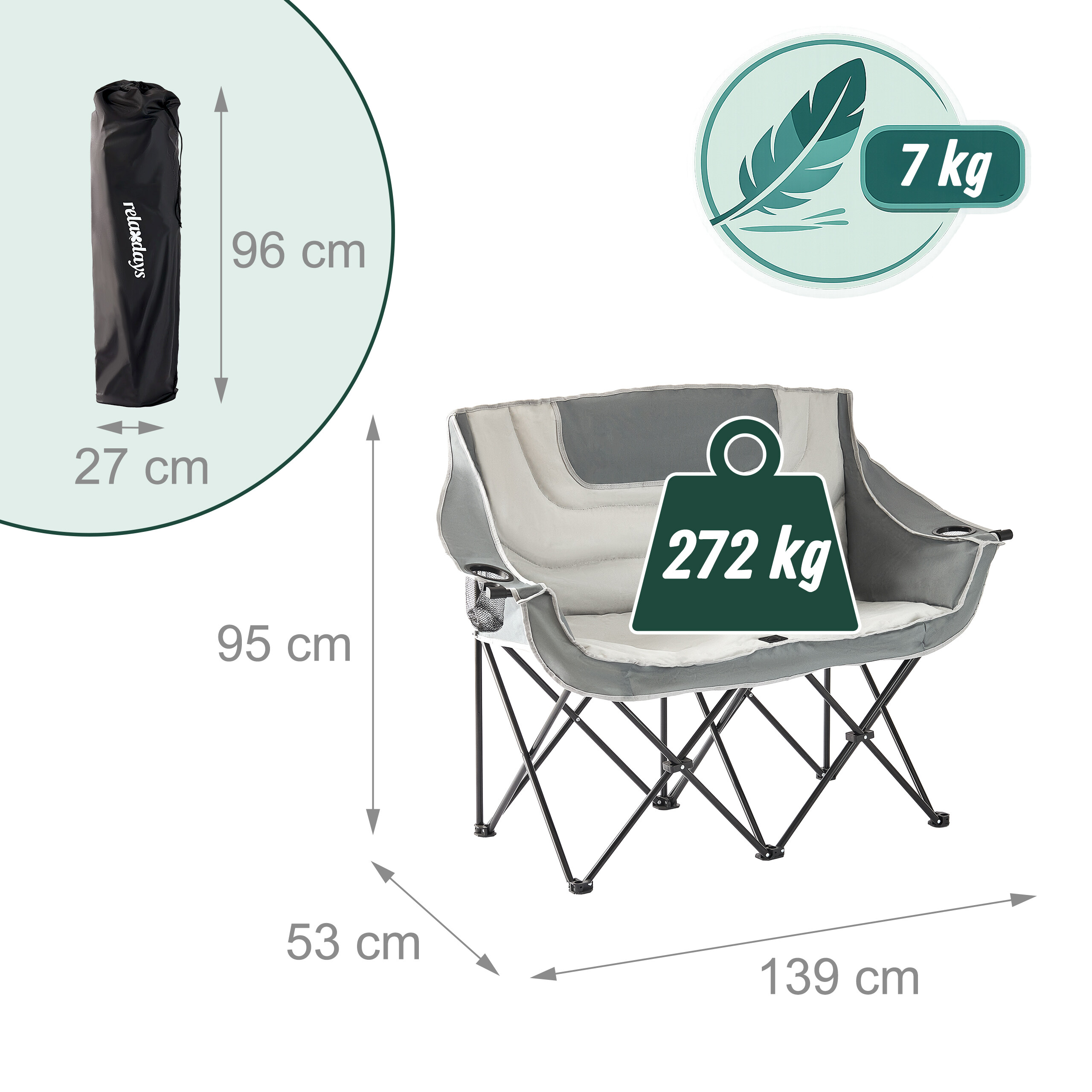 Graue Camping-Doppelsitzbank mit Maßen, 7 kg Gewichtssymbol und Maßen der Tragetasche.