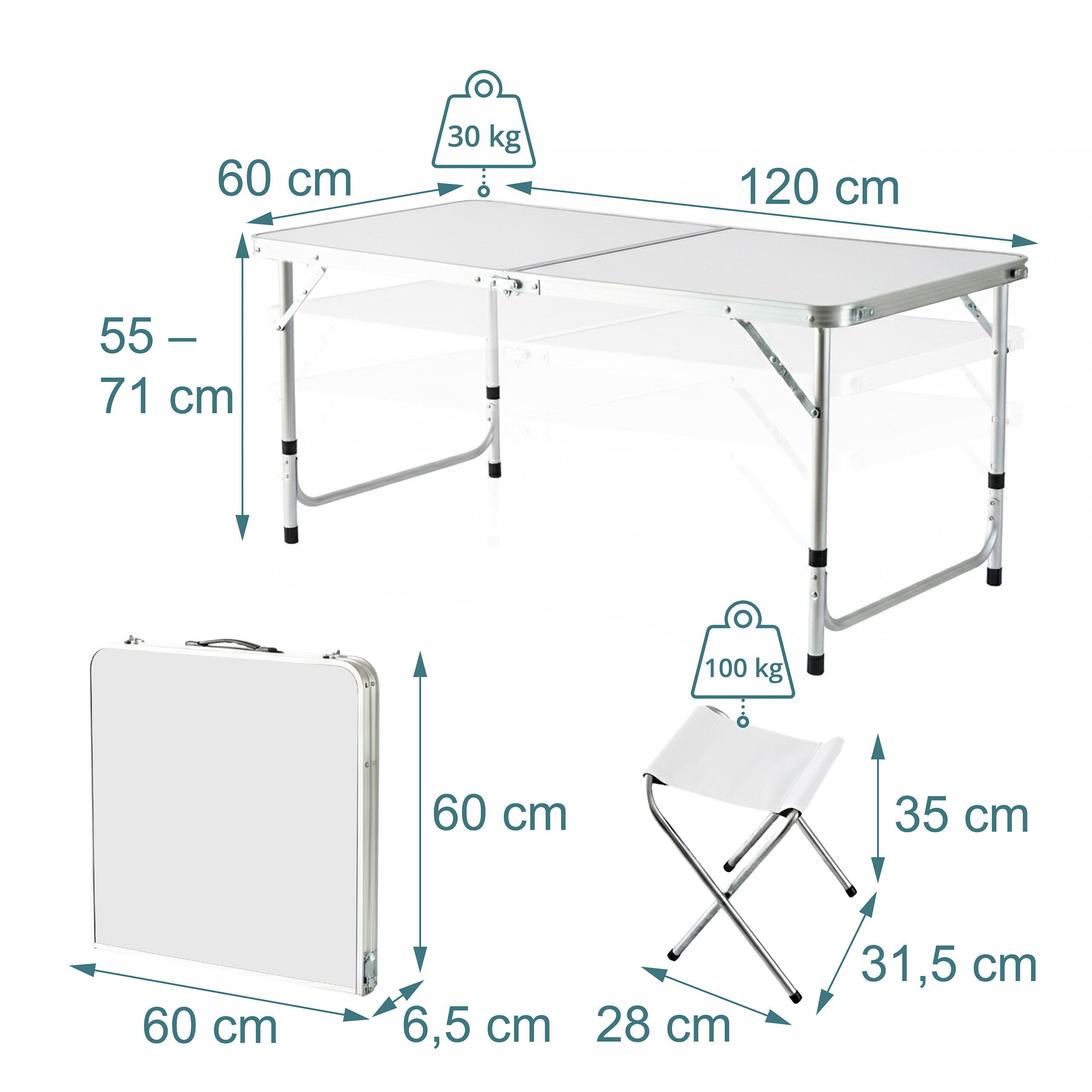 Diagramm eines faltbaren Campingtisches und Hockers mit Maßen und Gewichtsgrenzen.