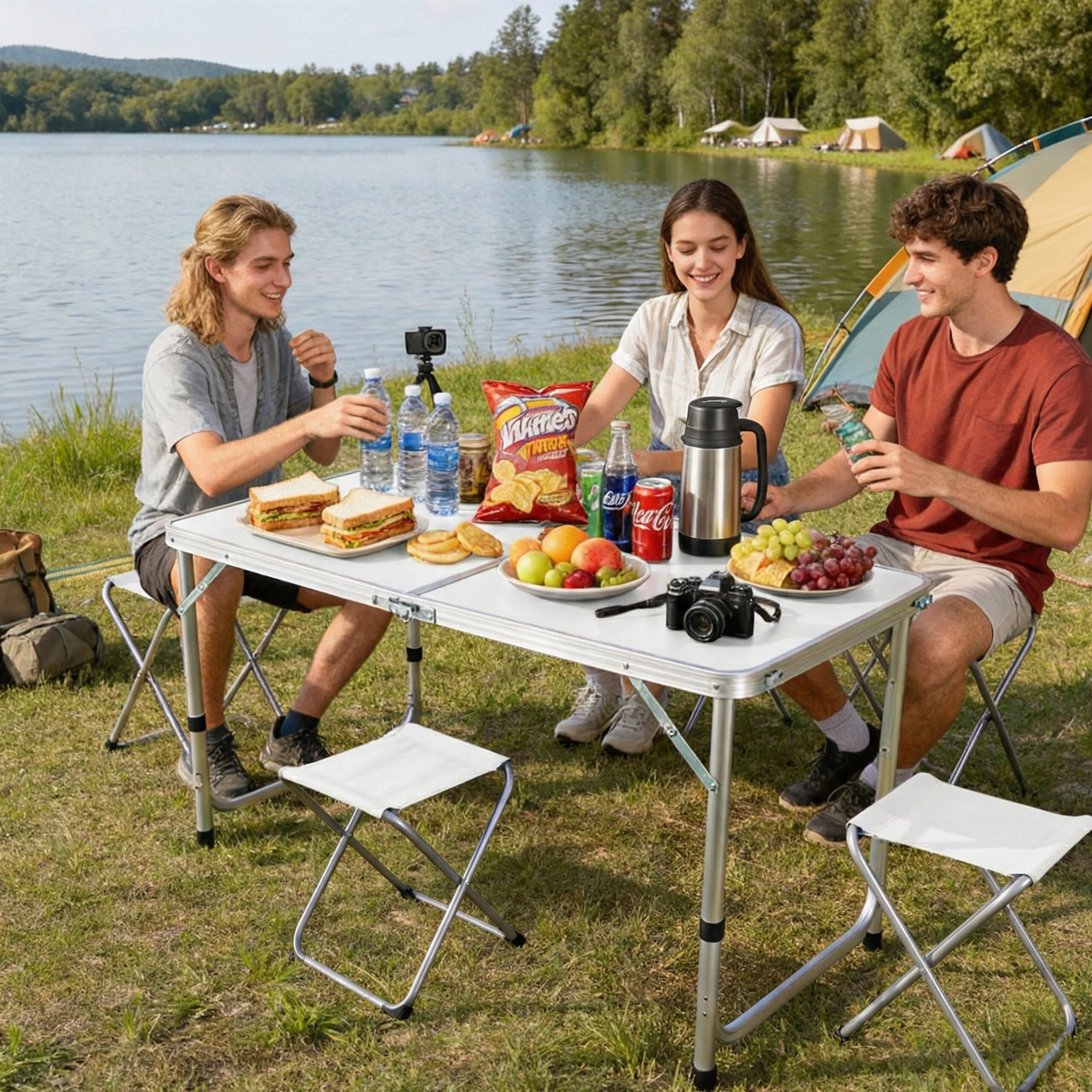 Drei Freunde essen Sandwiches, Snacks und Obst an einem Campingtisch am See.