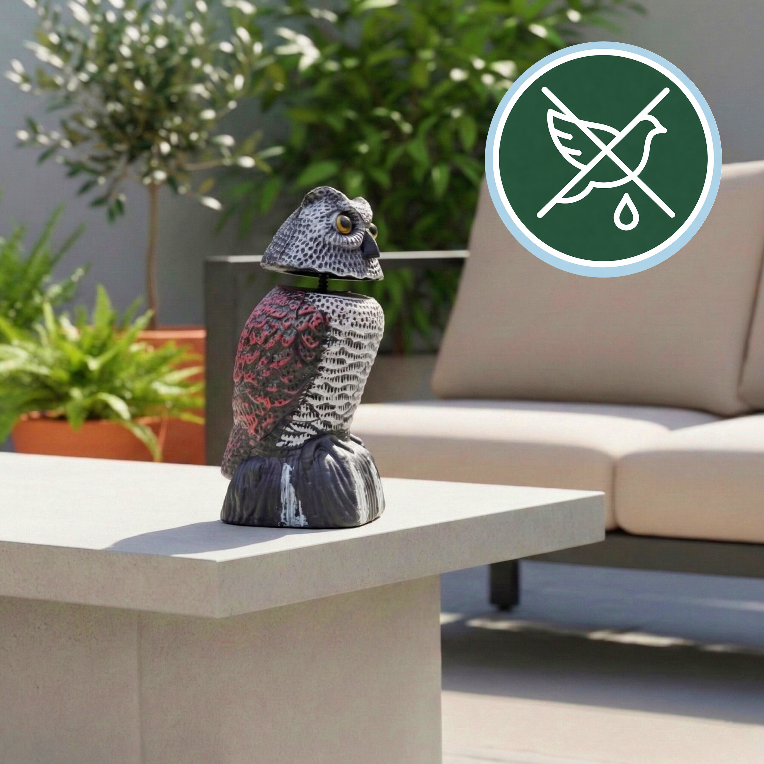 Eine Eulen-Gartenfigur steht auf einem Tisch, im Hintergrund ein Sofa und Pflanzen.