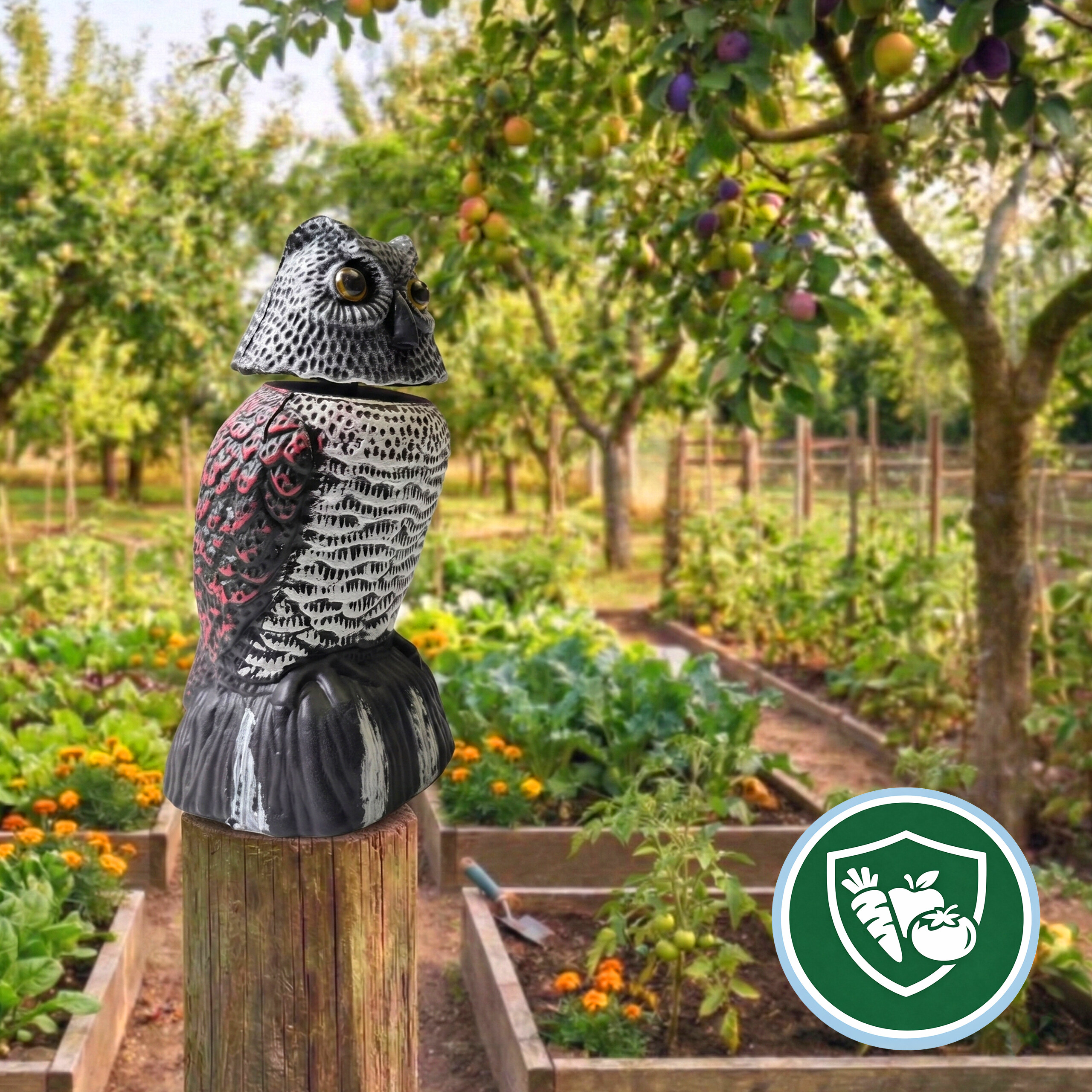 Eine Eulen-Vogelscheuche aus Plastik sitzt auf einem Holzpfahl in einem üppigen Gemüsegarten.