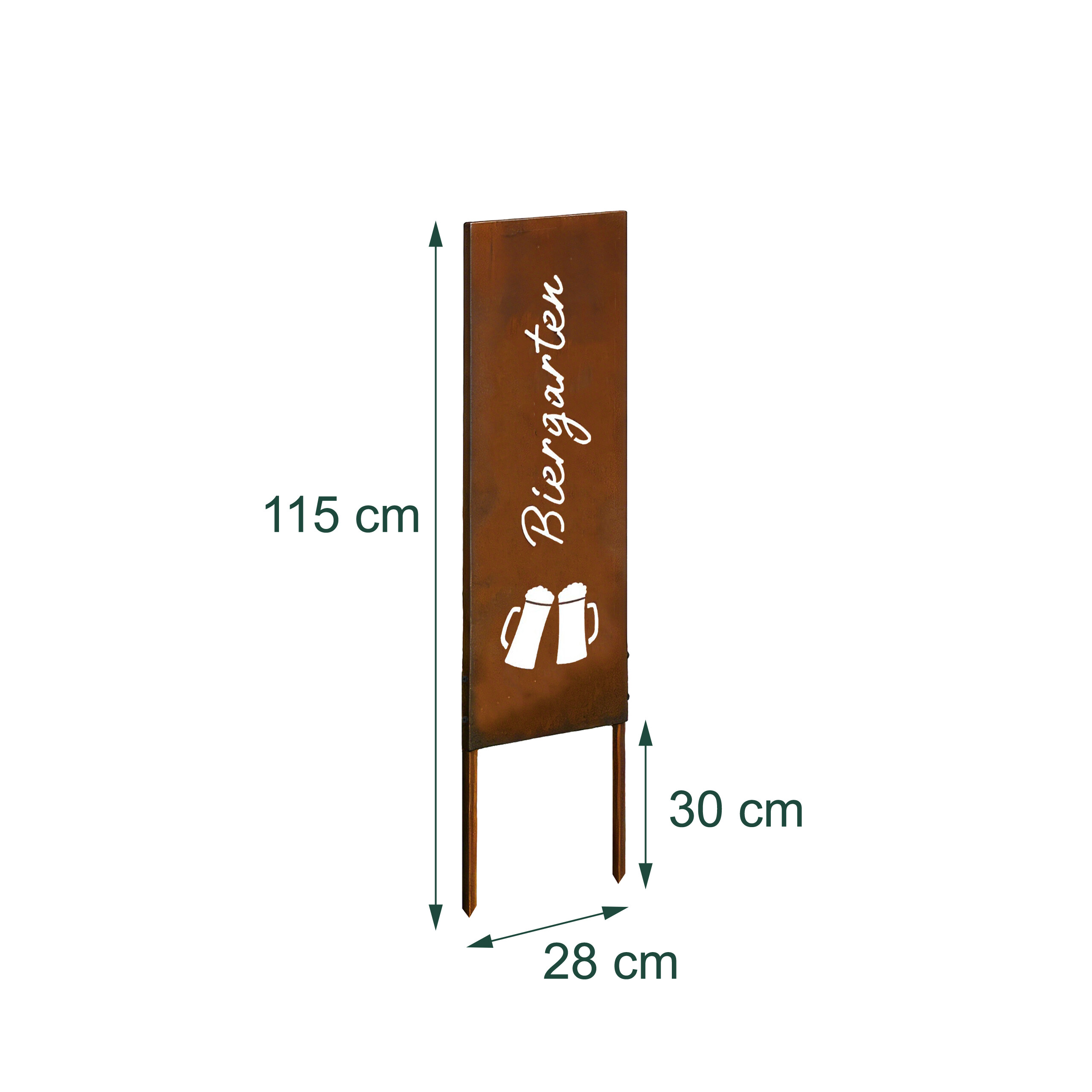 Rostiges Metallschild für den Biergarten mit Maßen von 115x28 cm und zwei Erdspießen von 30 cm.