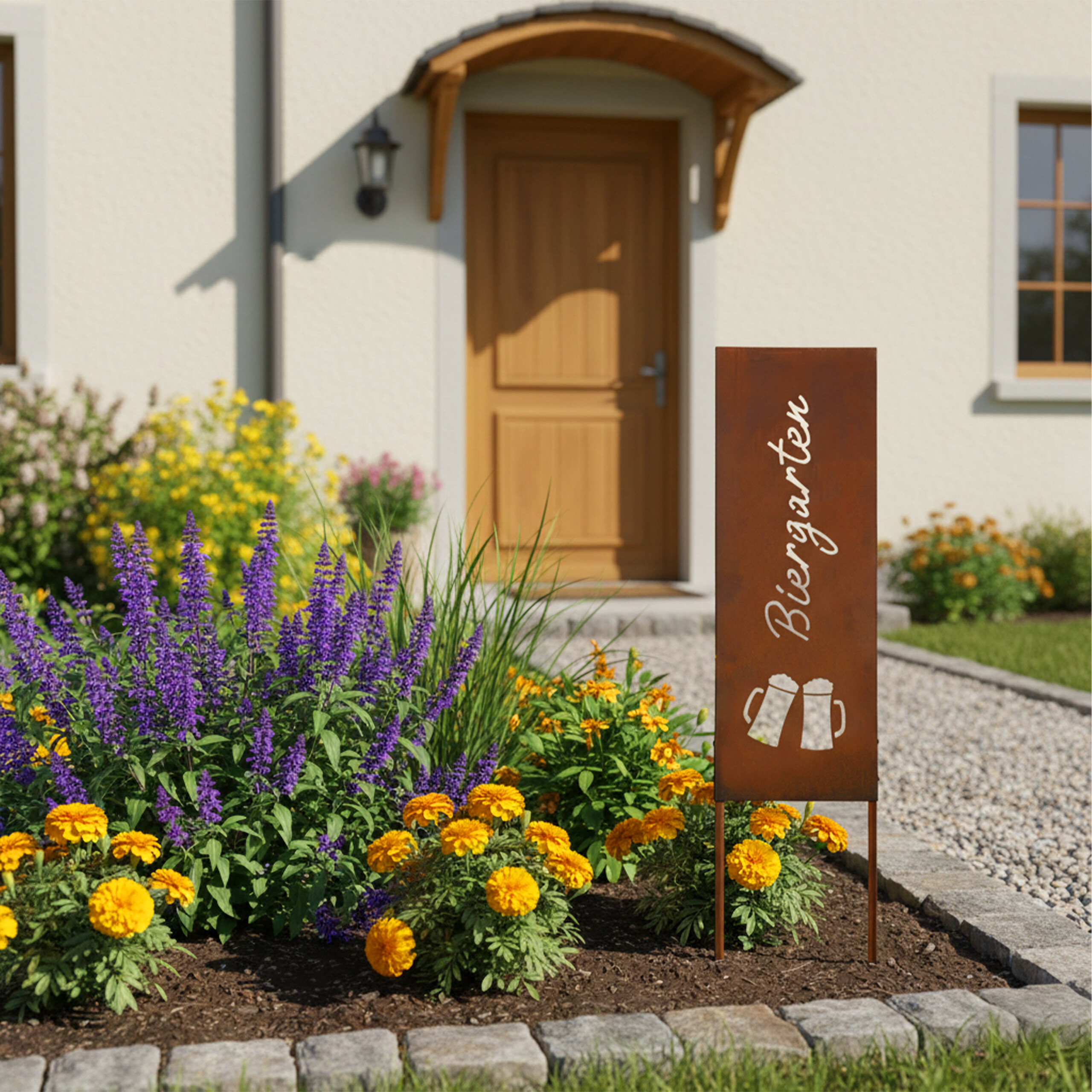 Ein rostiges Schild mit 'Biergarten' und Bierkrügen steht in einem Blumenbeet mit lila und gelben Blumen.